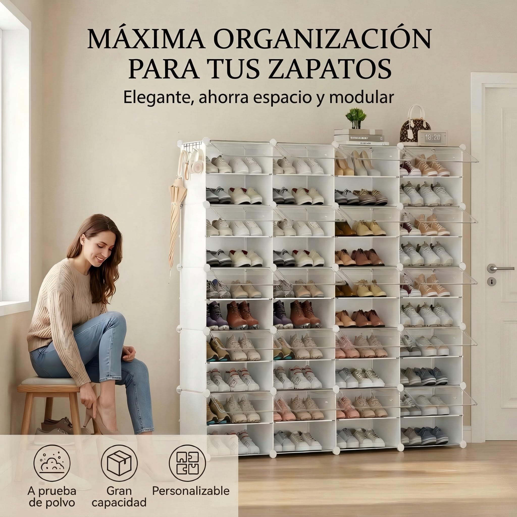 Zapatero con 42 Compartimentos, Zapatero Alto y Estrecho, Zapatero Blanco, Armario Alto Cerrado para Armario, Pasillo, Dormitorio, Entrada, DIY Personalizable