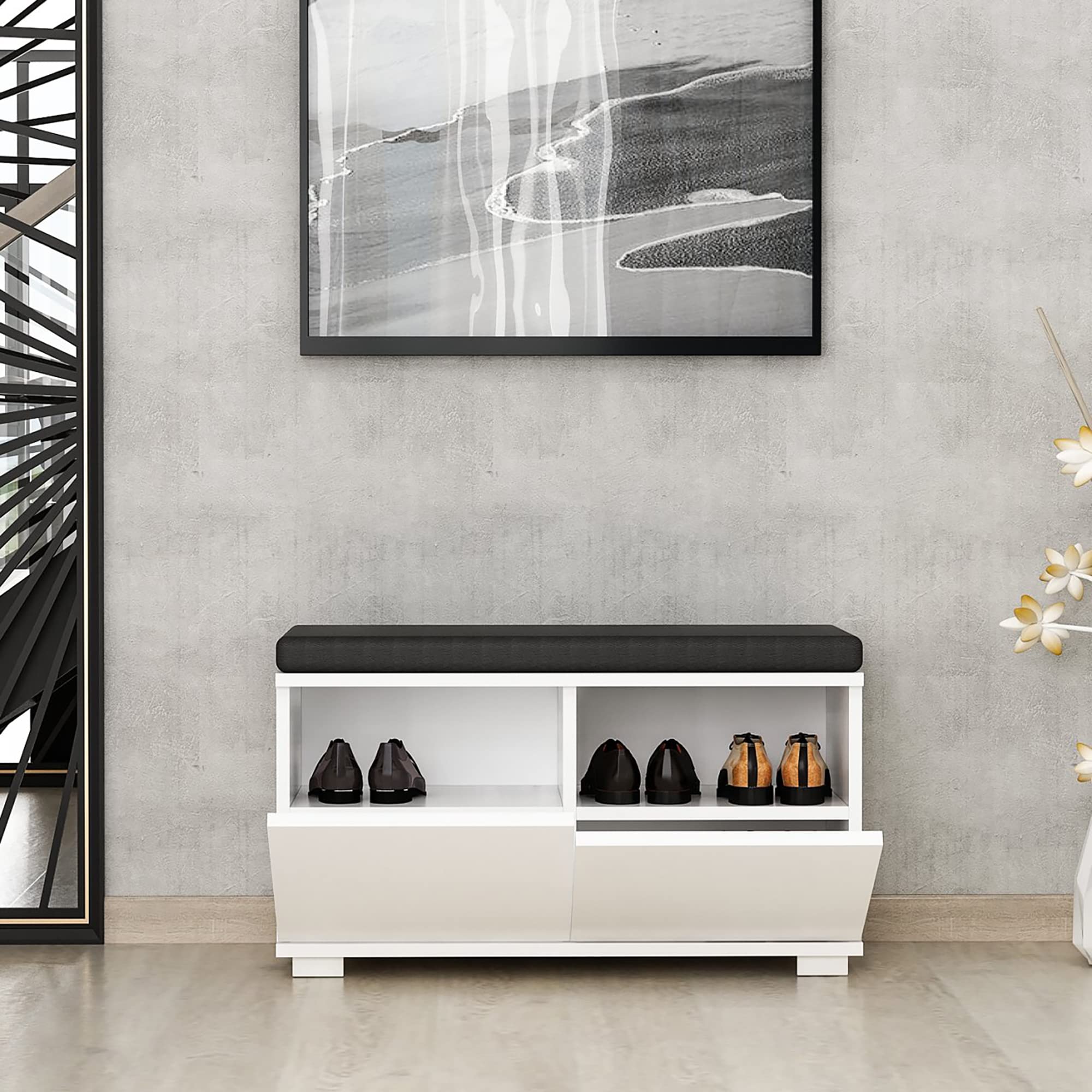 [en.casa] Banco Zapatero Brande con 4 Compartimientos Organizador de Calzados con Asiento Tapizado Recibidor Aglomerado Textil 42 x 80 x 35 cm - Blanco/Negro