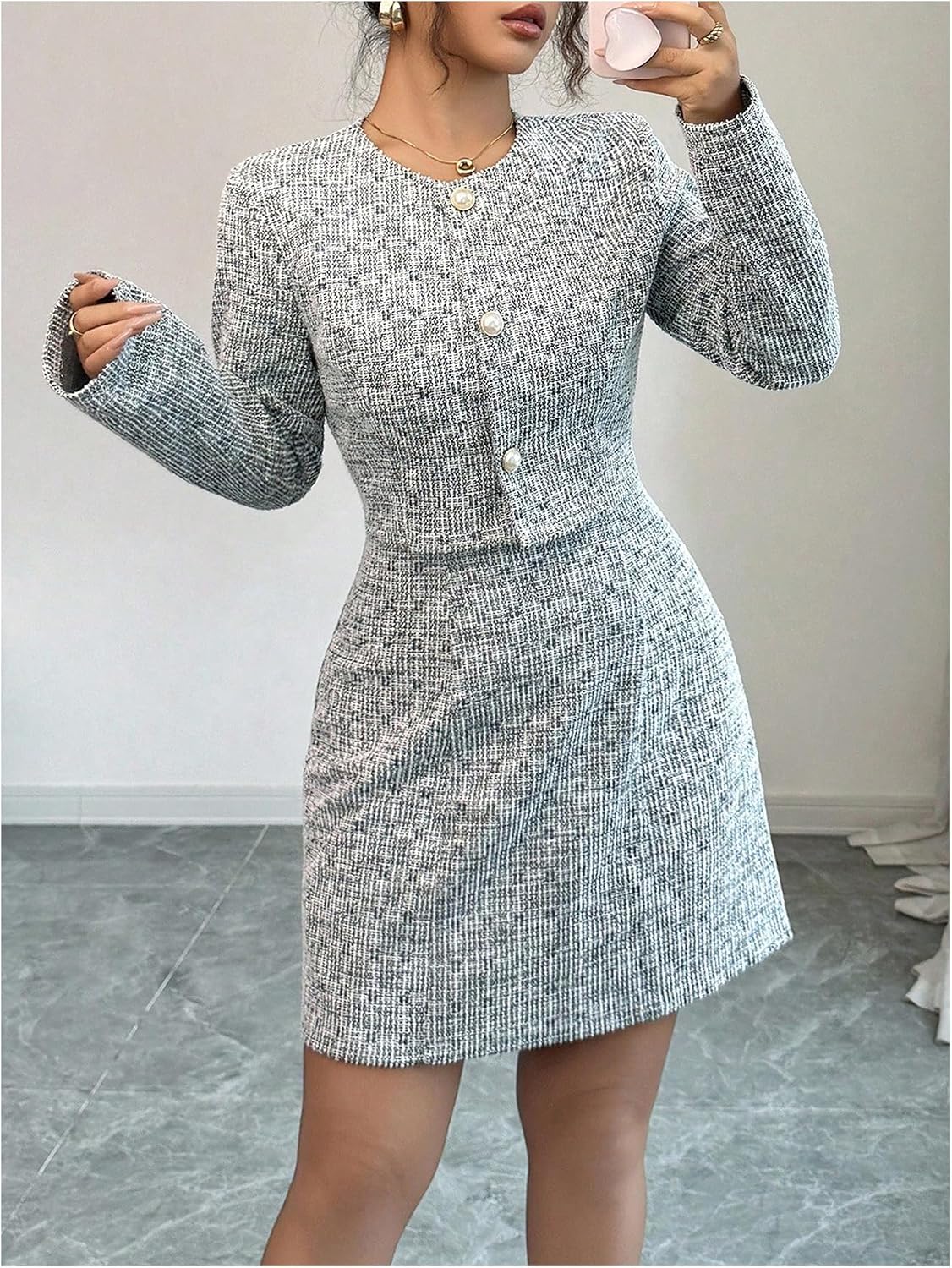 SOLY HUX Women's 2 Piece Outfits Plaid Long Sleeve Button Down Cropped Jacket and Sleeveless Mini Dress Sets