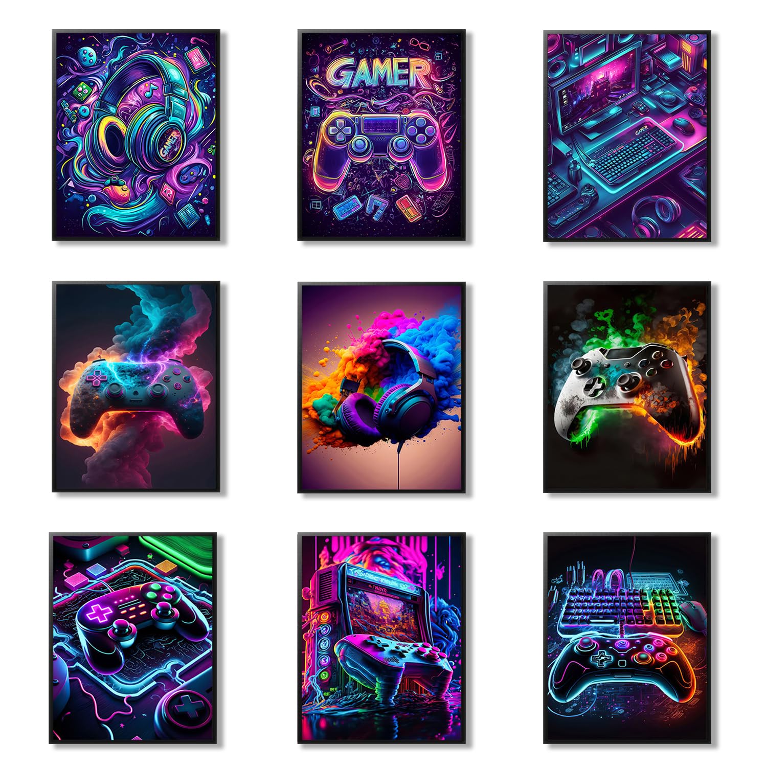 Gaming Room Canvas Wall Art Set of 9, Game Posters Wall Decor, Gamer Paintings Picture Print for Boys Room Kids Game Room Bedroom Boys Home Decoration