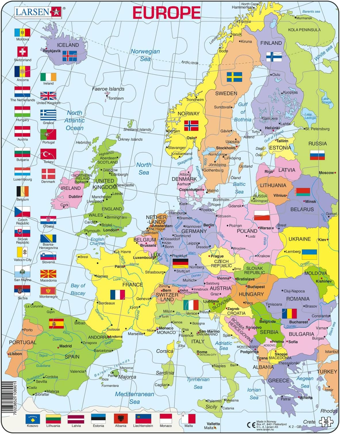 Larsen K2 Europe Political Map Jigsaw Puzzle - 48 Pieces - Educational Puzzle for Kids & Adults - Boxless Tray & Frame - Gift for Children