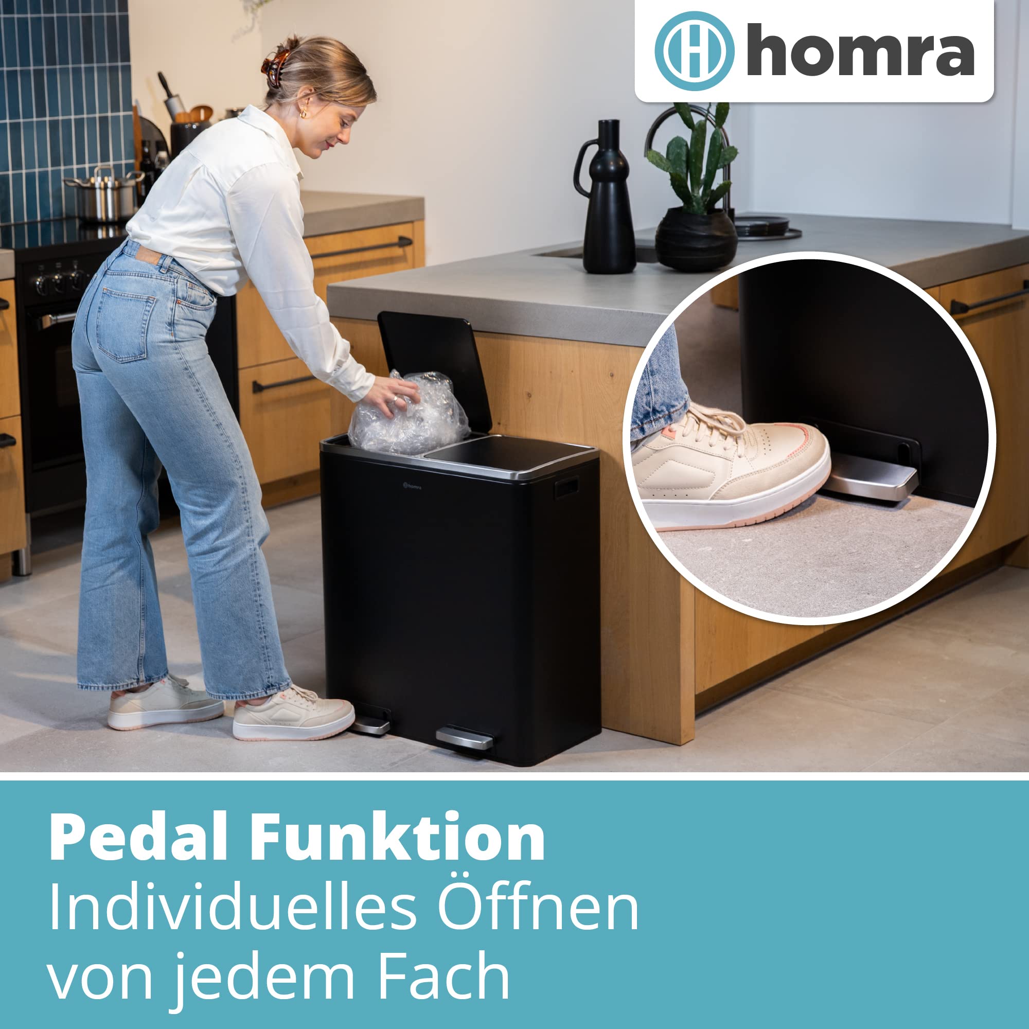 Homra Mülleimer 60l Quickx | Tretmülleimer Küche 2x30 Liter | Treteimer aus Edelstahl | Abfalleimer mit Inneneimern | Trennsystem 2 Fach | Mülltrennsystem | Papierkorb | Softclose | Schwarz