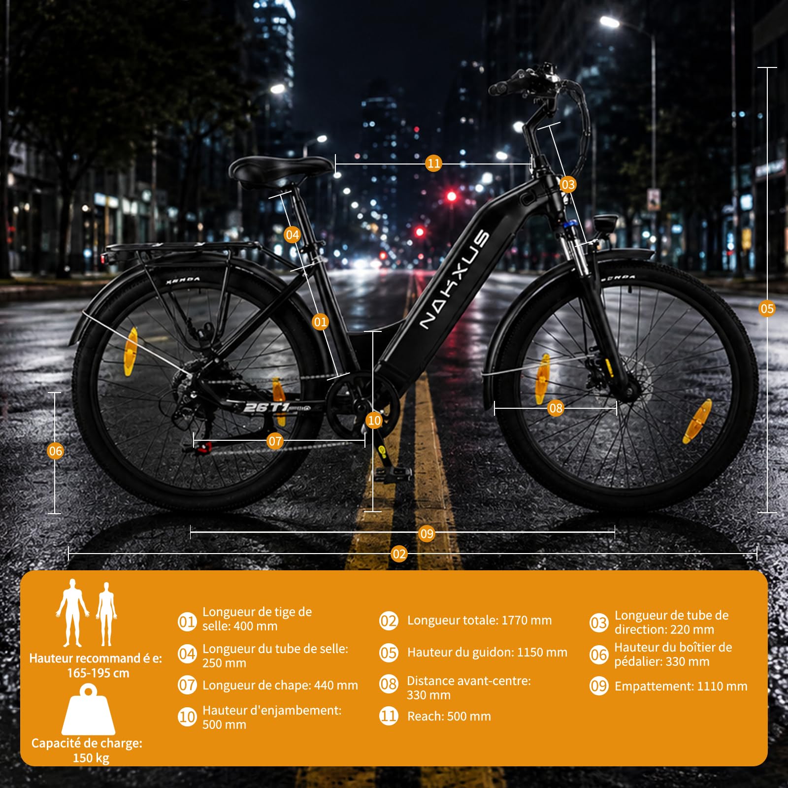 Vélo électrique 26T1-Pro, vélo électrique de 26" avec Moteur sans balais de 250 W, Batterie 36 V 18,2 Ah, dérailleur à 7 Vitesses, portée jusqu'à 130 km