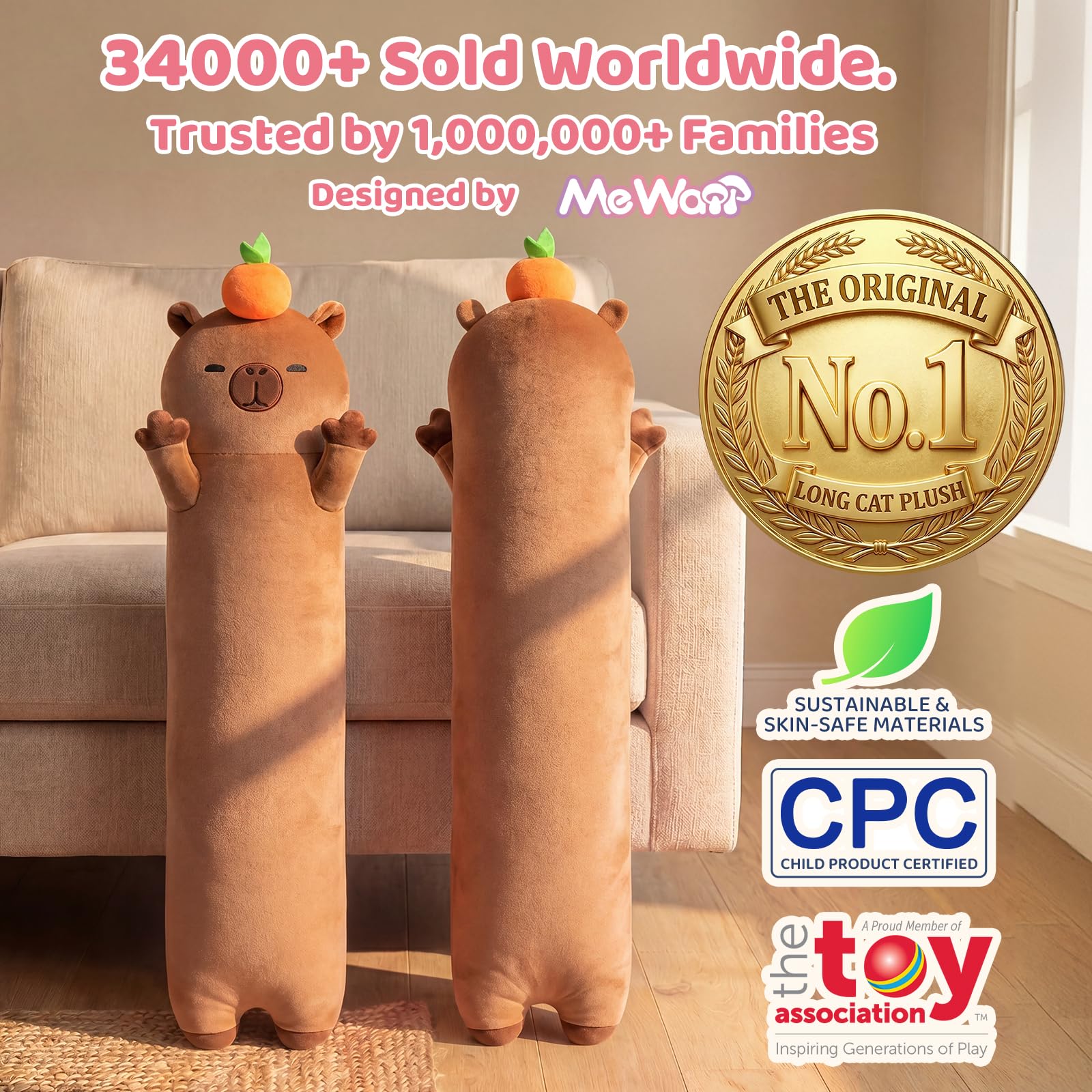 Mewaii 50CM Kuscheltier Capybara Plüschkissen Stofftiere Lang Plüschtier Ausgestopftes Tier Spielzeug Kuschelkissen Geschenk Plüschkissen Kinder Seitenschläferkissen Tier
