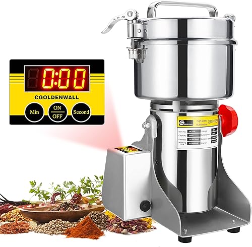 CGOLDENWALL Pantalla LED 88.18 oz Molino de Grano Molino Comercial Eléctrico Especias Hierbas Molinillo Pulverizador Grado Alimentario Acero