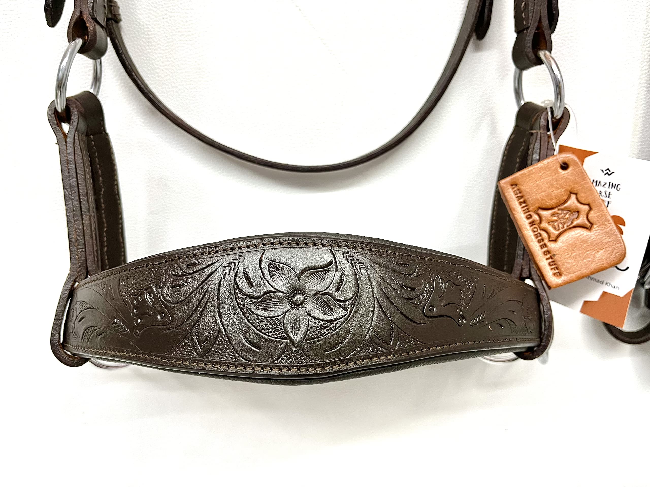 Sidepull gebisslose Trensenzaum Designer-Handschnitzerei Augenbraue Reithalfter oval braun Full Cob Pony