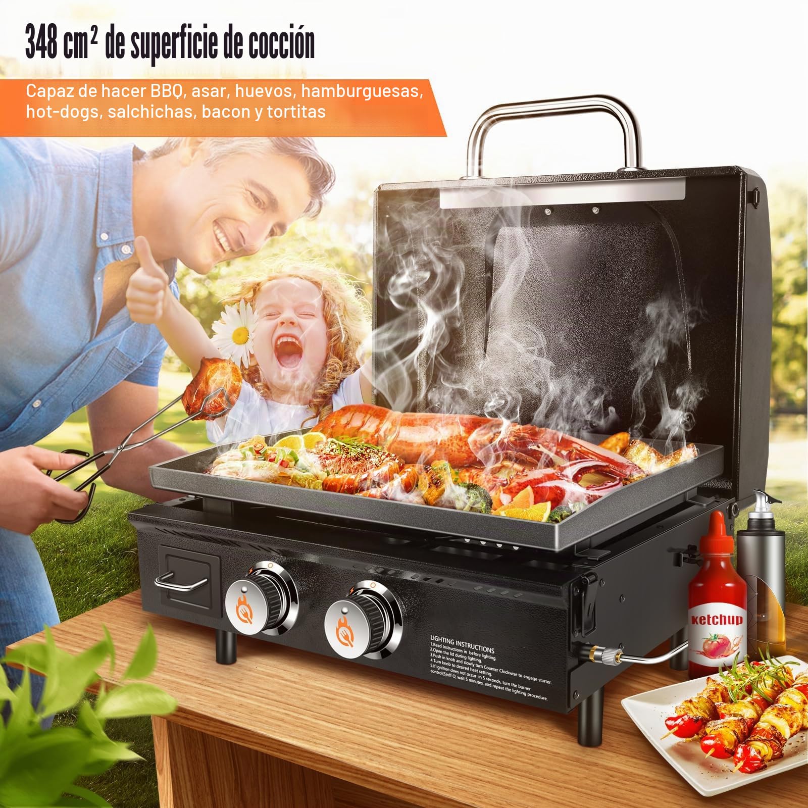 GFTIME Barbacoa de mesa con 2 quemadores, parrilla plancha de gas con parte superior plana, barbacoa de propano con bolsa de transporte, 55,9 cm, 43.800 BTU, revestimiento antiadherente cerámico con