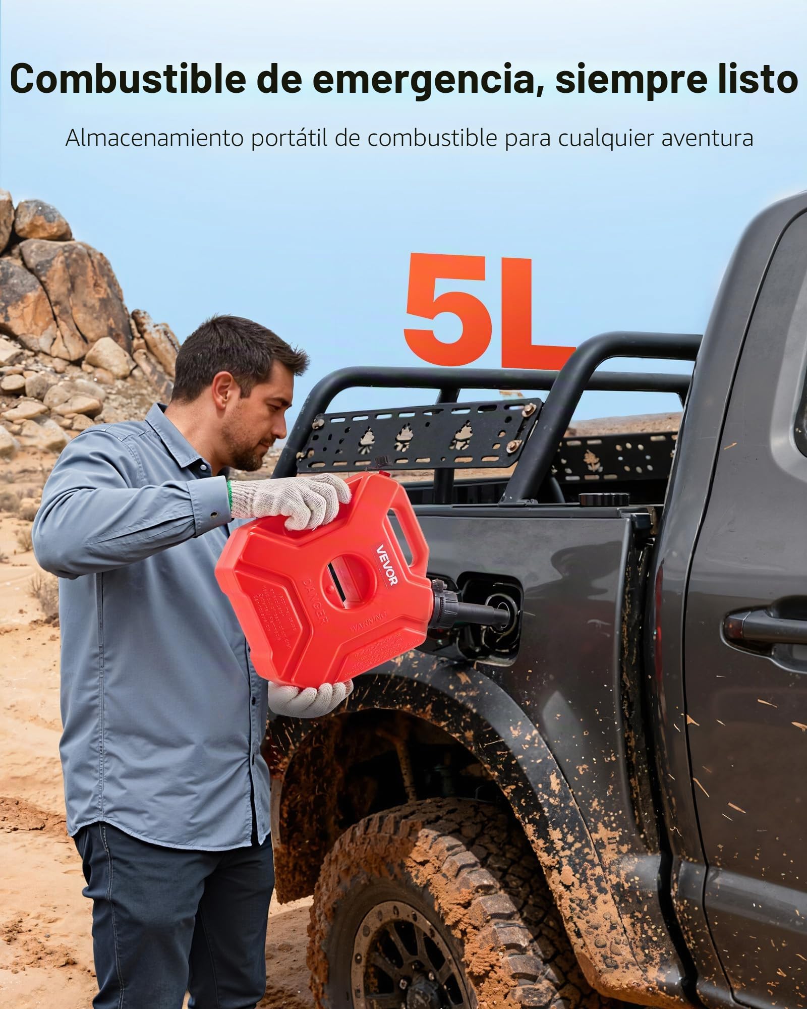 VEVOR Bidón de Gasolina de 5 L, Tanque de Combustible de HDPE y PP, con Pico y Cerradura, Caudal Máximo de 15 L/min, a Prueba de Fugas, para la Mayoría de Autos, Motocicletas, ATV, UTV, Rojo, 1 Pieza