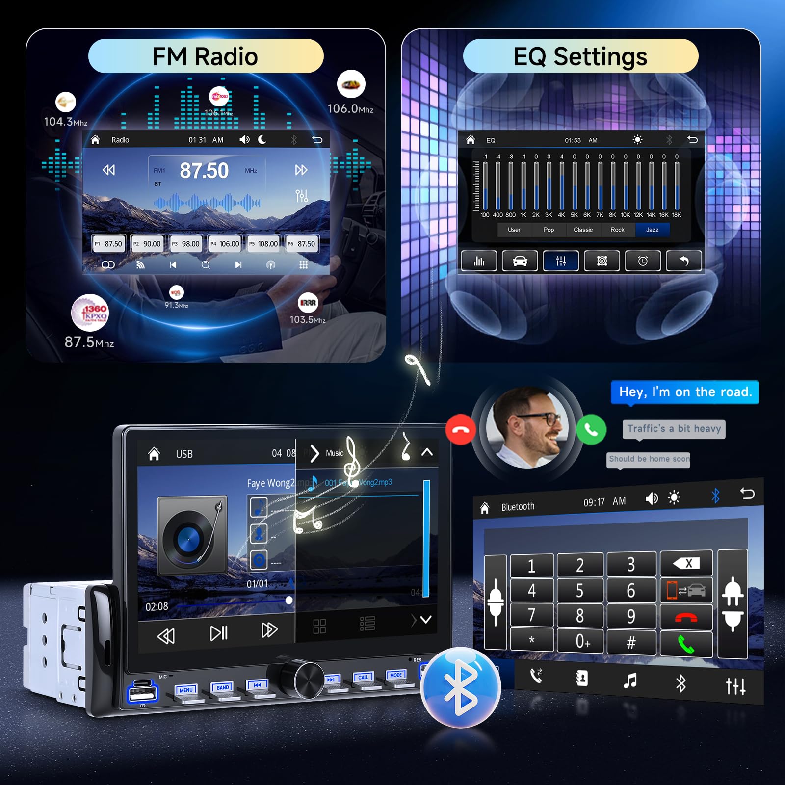 Hodozzy Autoradio 1 Din avec Carplay sans Fil Android Auto, Écran Tactile 7 Pouces Poste Radio Voiture 1 Din Bluetooth, Lien Miroir, FM Type-C/USB/AUX, MP5 Lecteur Vidéo en Ligne avec Caméra Recul