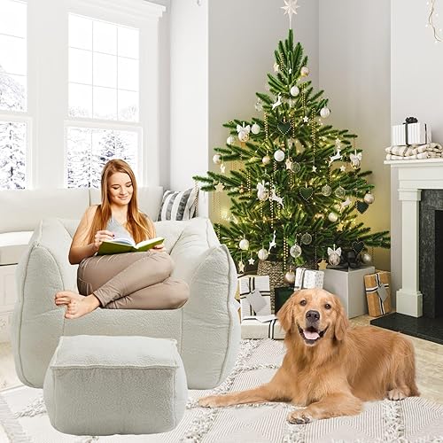 Luccalily Puf relleno de espuma de alta densidad para sala de estar, sofá grande con reposapiés y reposabrazos para dormitorio (beige)