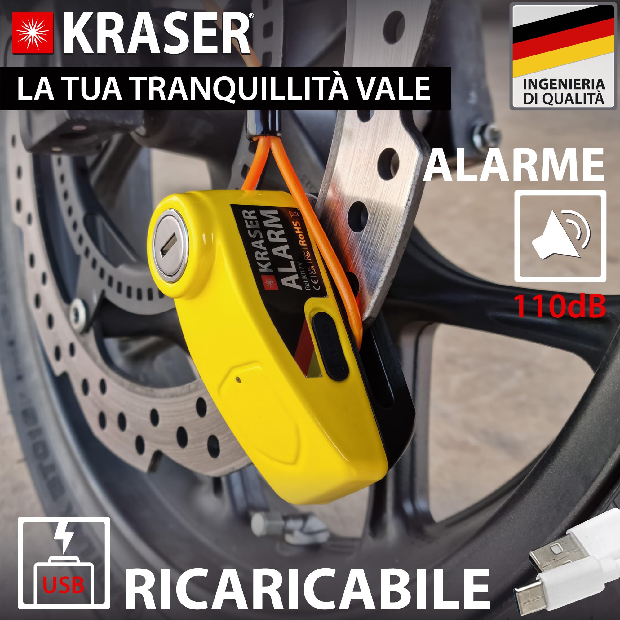 KRASER KR7Y Antifurto Moto Blocca Disco con Allarme 110dB, USB Batteria Ricaricabile, Sensori Movimento, Impermeabile Resistente Visibile, Blocco Veloce, Lucchetto Bloccadisco Sonoro 7mm Universale