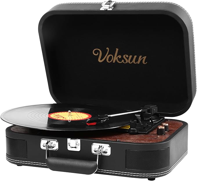 Tocadiscos de Vinilo, VOKSUN Tocadiscos Portátil Vintage con Altavoces Incorporados, Reproductor LP Vinilo con In/out Bluetooth con 3 Velocidades, Maleta USB, Entrada AUX, Línea RCA, Auto-Stop