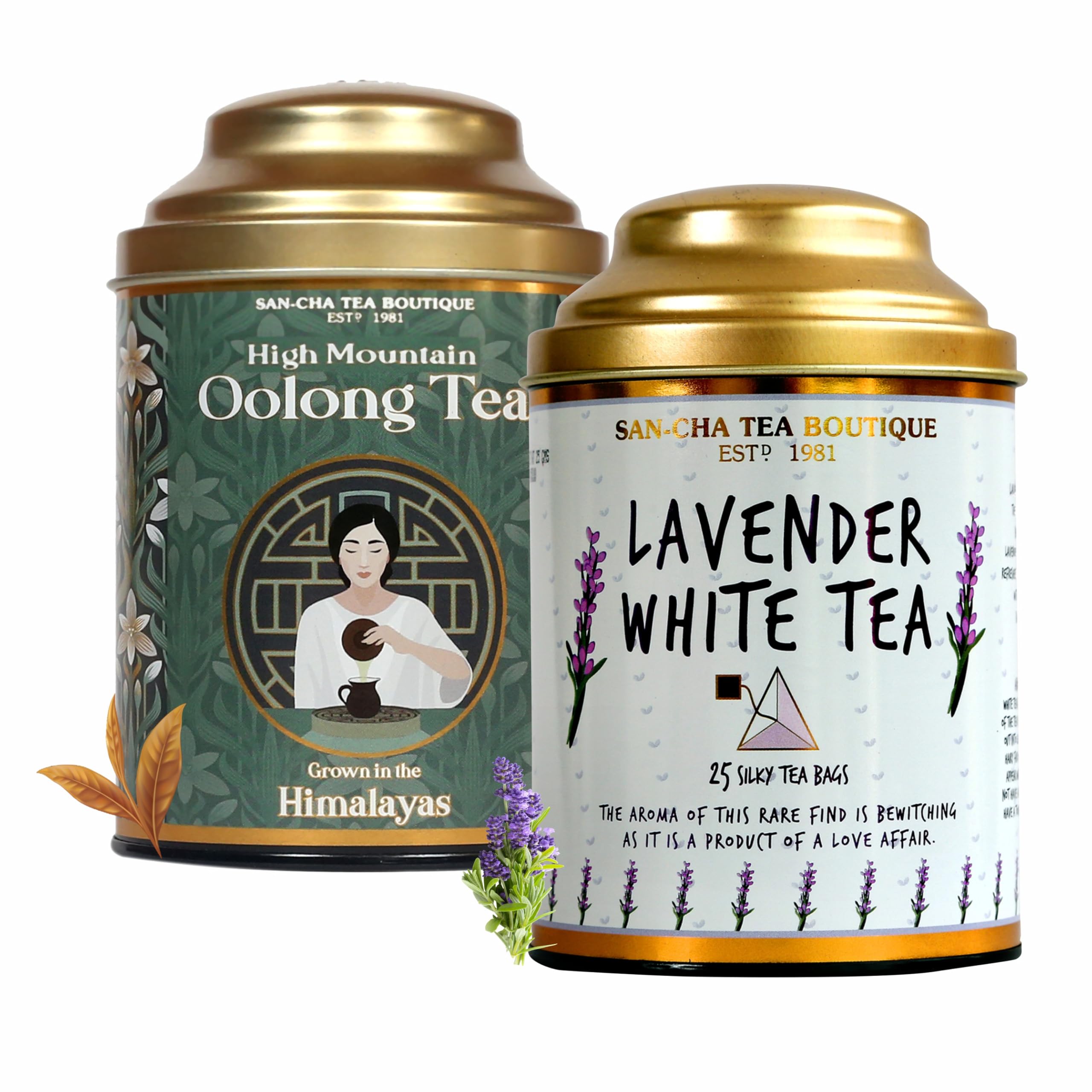 Sancha Tea Boutique, Combo Pack, Lavender White Tea (25 Pyramid Bags) & High Mountain Oolong (50g), Supports Calm & Lifestyle Goals