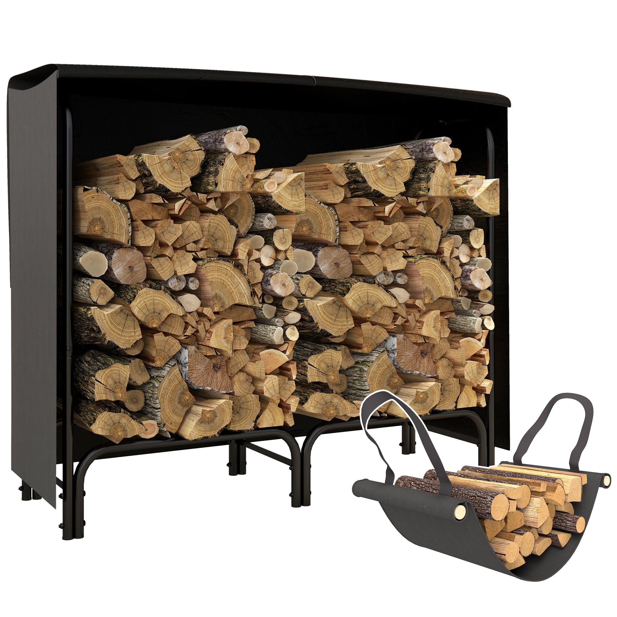 Outsunny Portalegna da Esterno in Metallo Impermeabile Regolabile Legnaia da Interno Borsa di Tela 120x36x99 cm Nero