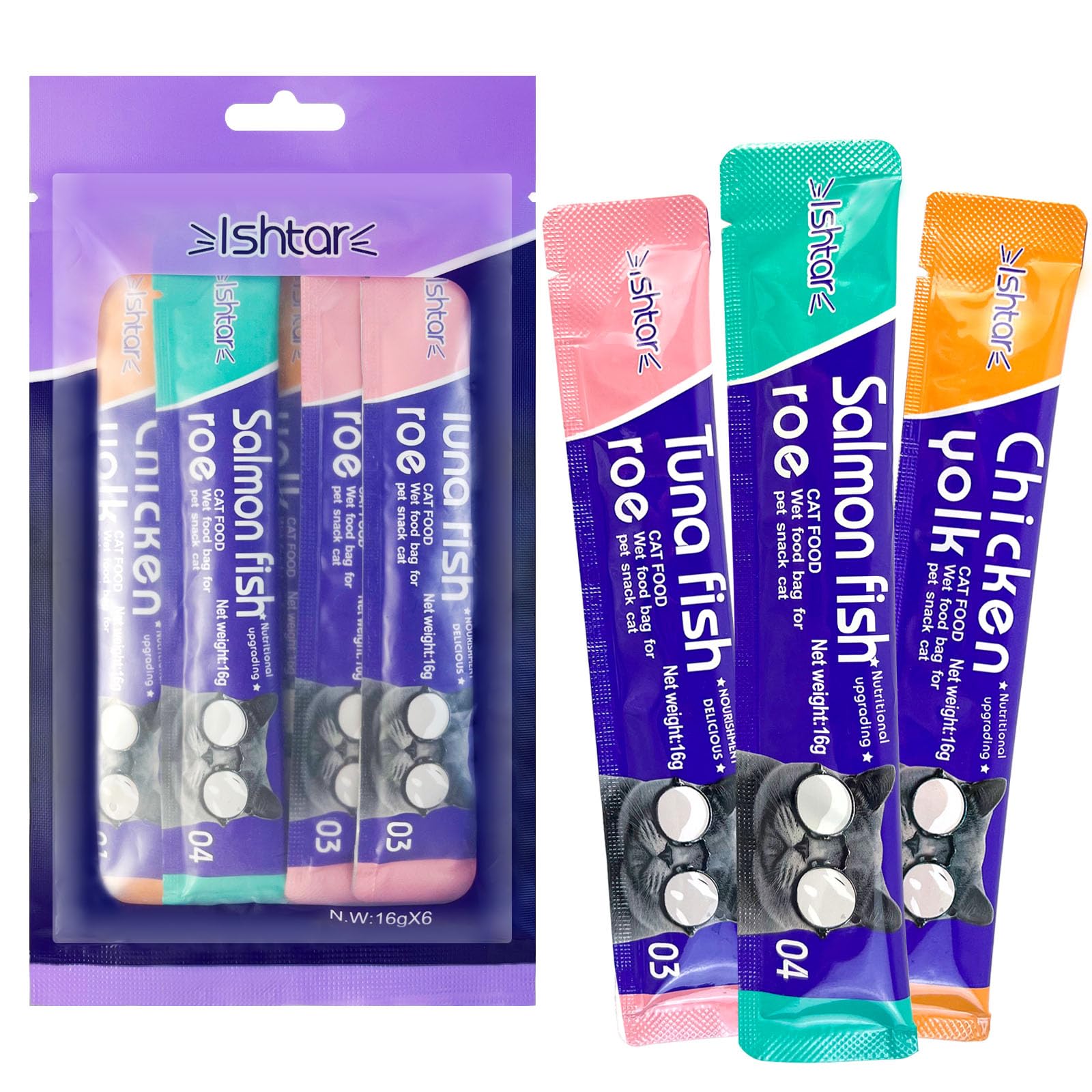 SKY-TOUCH 6Pcs Wet Cat Treats : Lickable Cat Food Wet Squeeze Up Interactive Cat Snack Strips with 3 Flavors (Tuna&Fish Roe, Chicken&Yolk, Salmon&Fish Roe, 16g Each) for All Cats (6Pack 96g)