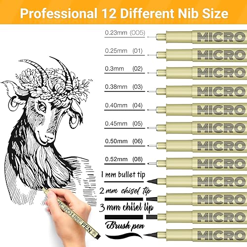 Miniatura 2 de Micro-Pen Fineliner - Bolígrafos de tinta negros juego de microbolígrafos de 12 tamaños, bolígrafos de tinta de punta fina para artistas,