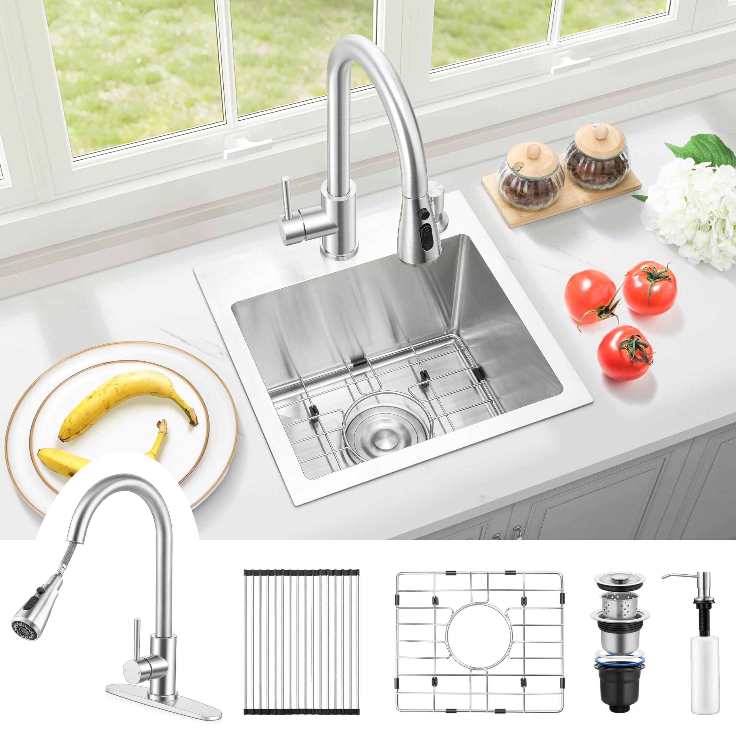 GRECO　GOIII1500 Herogo 15×15 Inch Drop In Kitchen Sink with Faucet Combo, Small