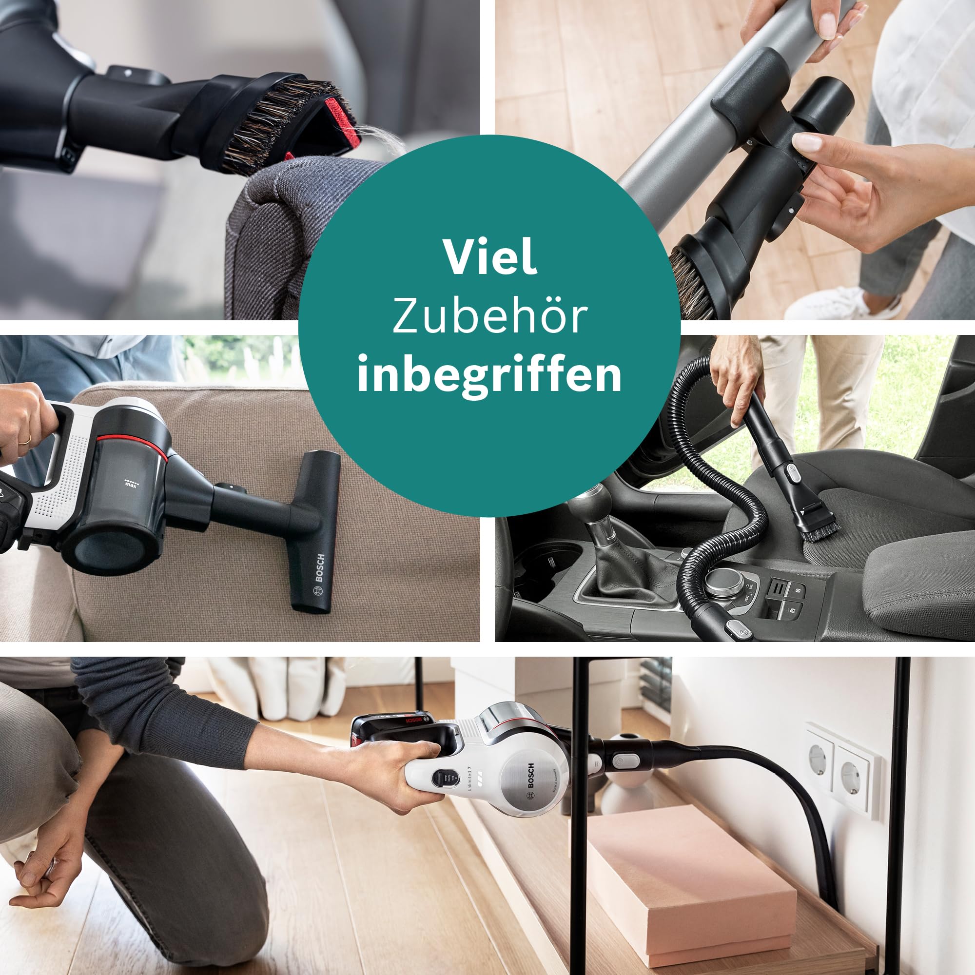 Bosch Akku-Staubsauger Unlimited 7 BSS715CARP, kabellos, Knickrohr, Hygiene-Filter, 10 Jahre Motorgarantie, 5.0 Ah Akku, Schnellladegerät, XXL-Polsterdüse, Turbostufe, Made in Germany, weiß