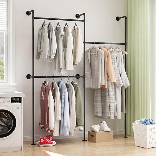 Miniatura 6 de Perchero industrial para ropa de tubería de montaje en pared, perchero negro con 3 varillas para colgar, perchero de tubería resistente para