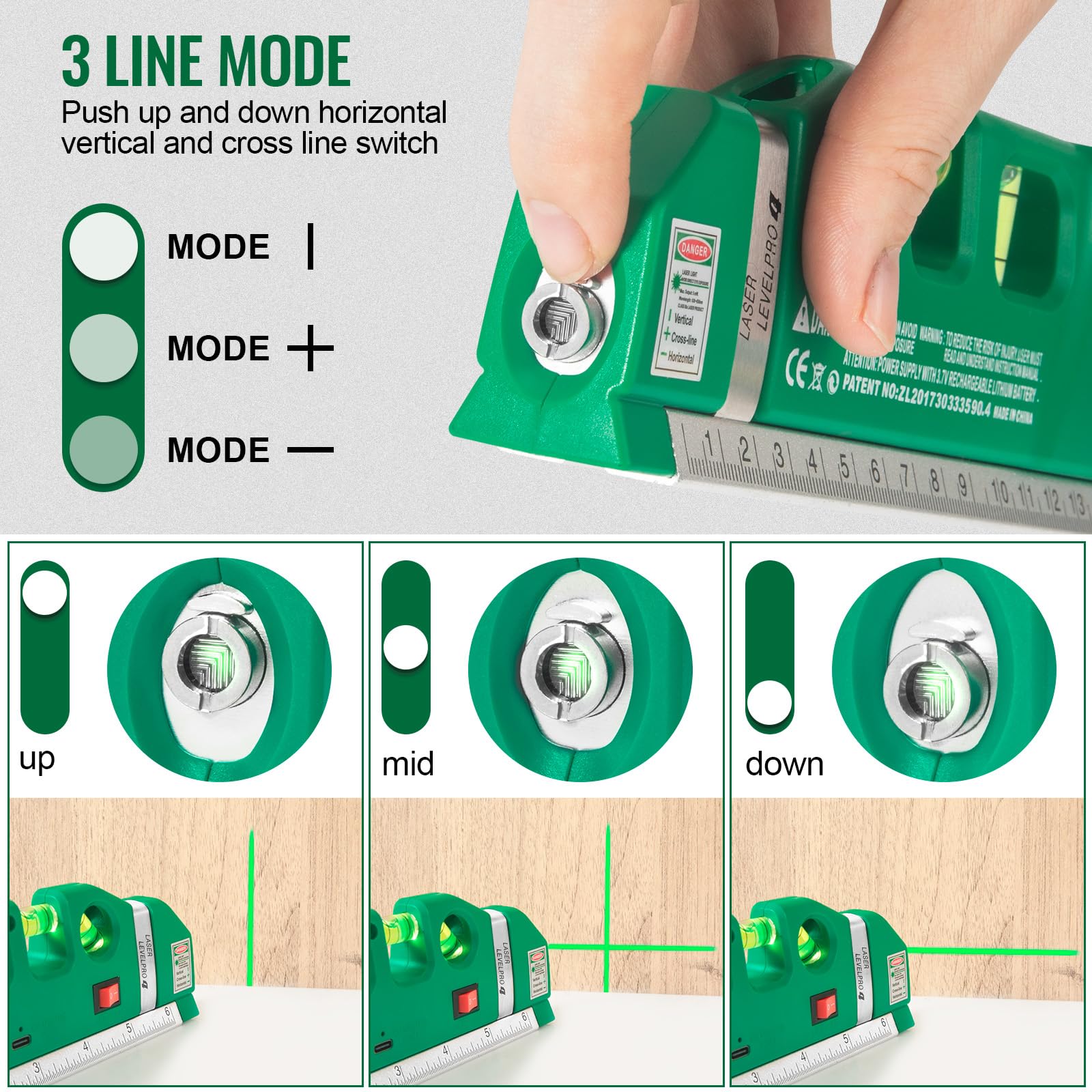 Level Tool Laser Level Leveler tool Cross Line Vertical and Horizontal Line with USB Rechargeable for Picture Hanging cabinets Tile Walls by AikTryee. view 2