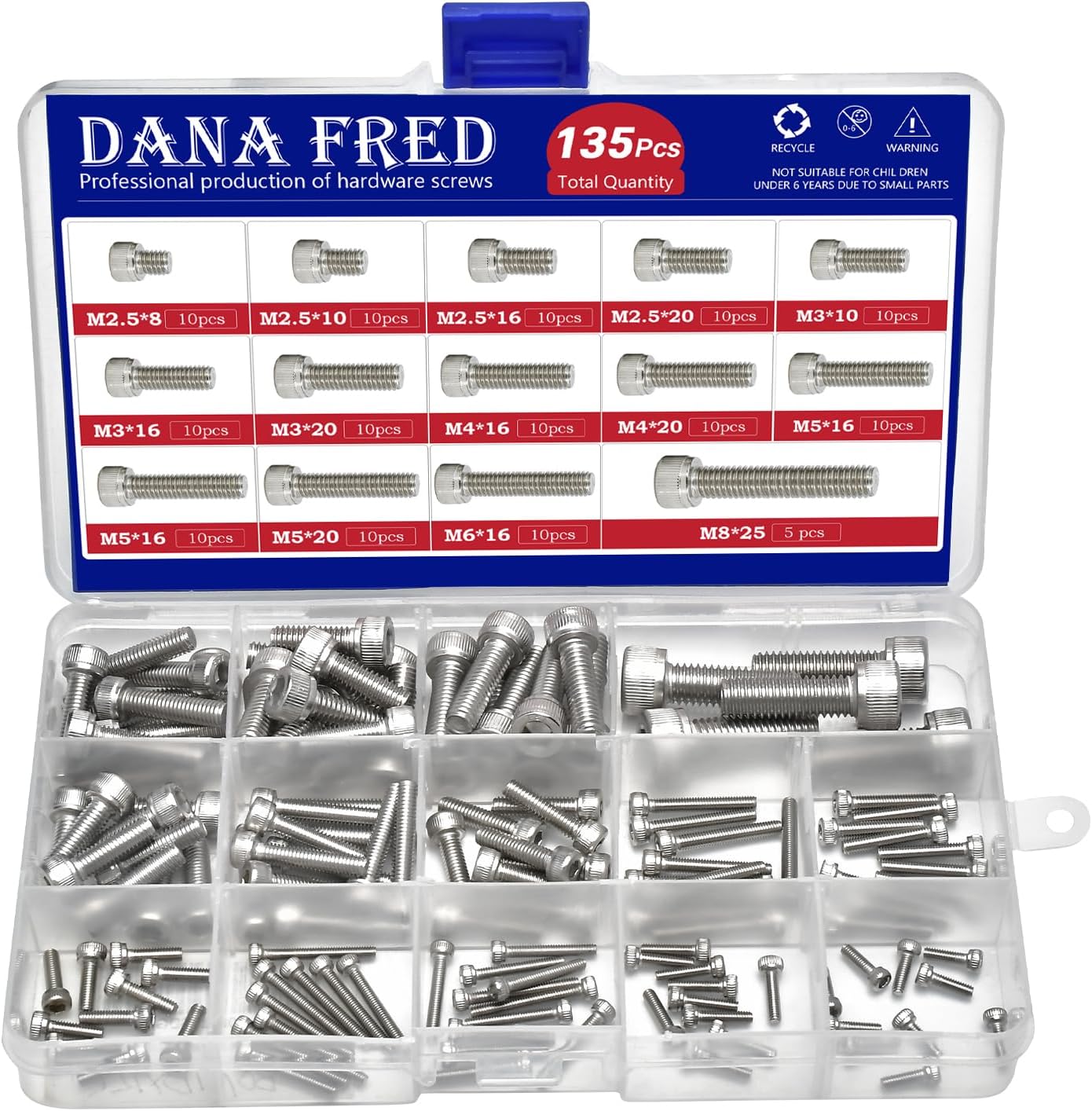 M2.5-M8 Hex Socket Head Cap Screw Metric Thread Hexagon Allen Machine Bolt 135Pcs M2.5 M3 M4 M5 M6 M8 304 Stainless Steel Metal Standard Fastener Hardware Assortment Set for Home Furniture Fastener