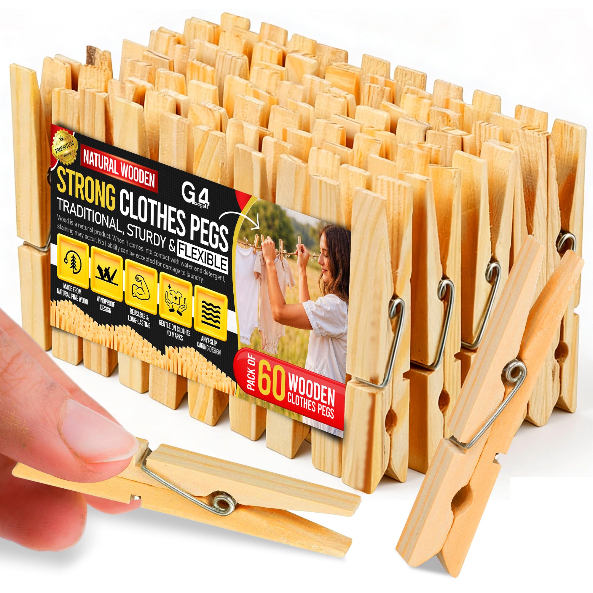 G4GADGET Wooden Clothes Pegs 60 Pack – Strong Laundry Pegs for Washing Line – Traditional Wooden Pegs with Metal Spring for Indoor & Outdoor Use, Crafts & DIY