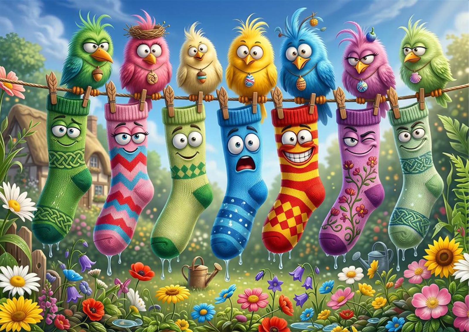 Puzzle per adulti 1000 pezzi, divertenti uccelli calzini stendibiancheria | Simpatico puzzle da giardino, con uccellini, con poster, borsa portaoggetti, decorazione da parete, regalo divertente