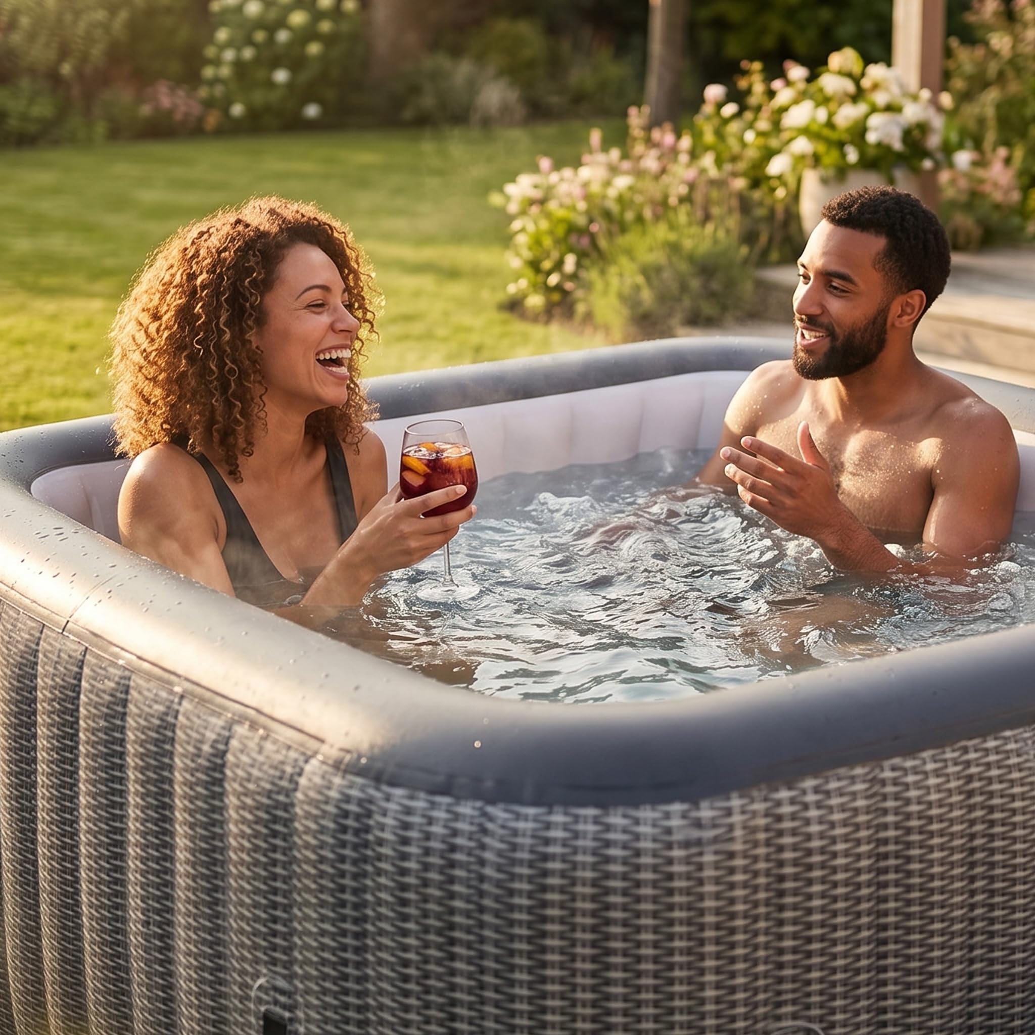 Spa Gonflable Wave | Chauffage écologique intégré | Système de Massage Aquajet | Protection antigel | Configuration Rapide en 15 Minutes (Pacific, Rotin Gris | 4 Personnes)