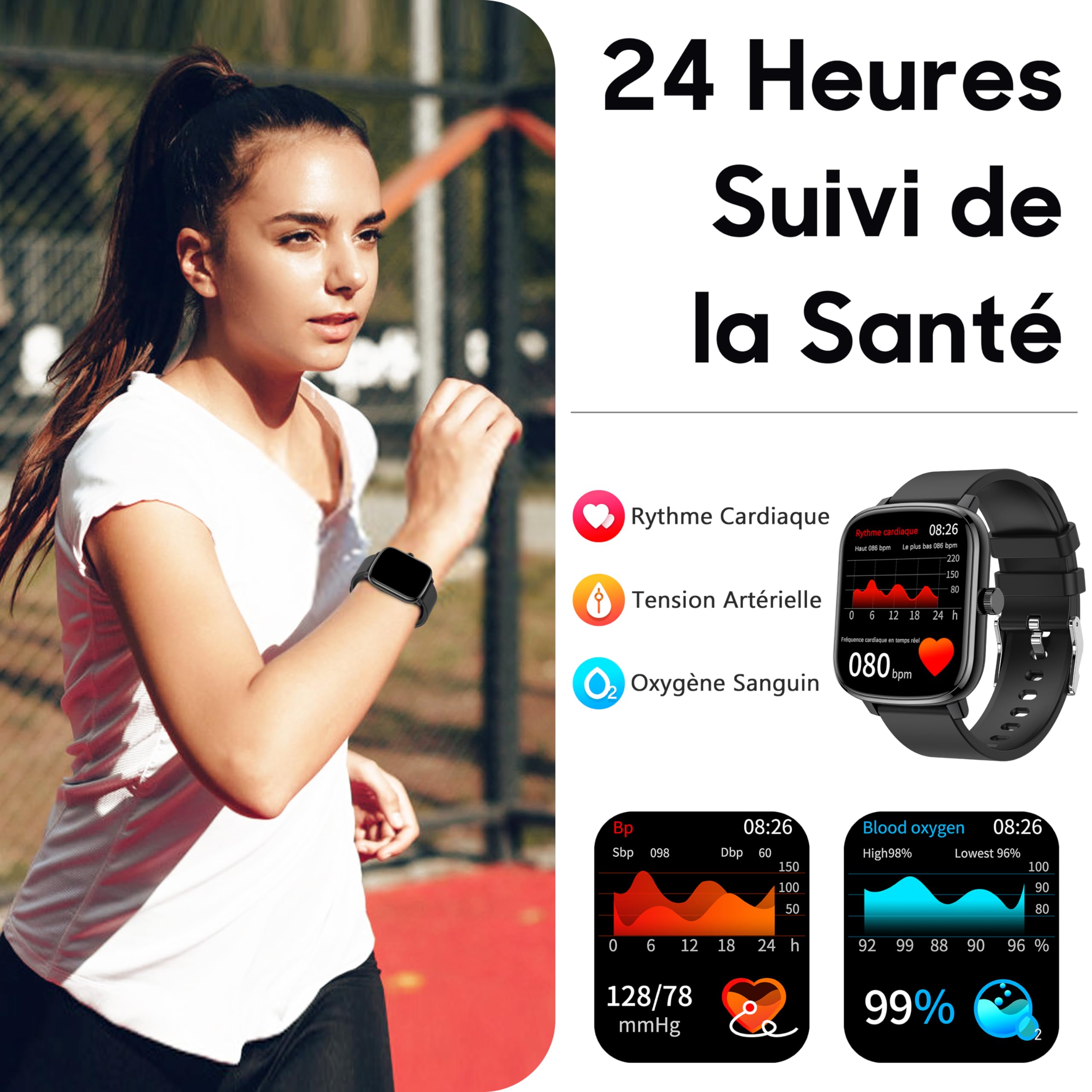 Popglory Montre Connectée Femme Homme, Smartwatch Cardiofrequencemètre Moniteur de Sommeil Pression Artérielle 100 Modes Sportifs Compatible Android iOS pour Homme Femme Montre Intelligente
