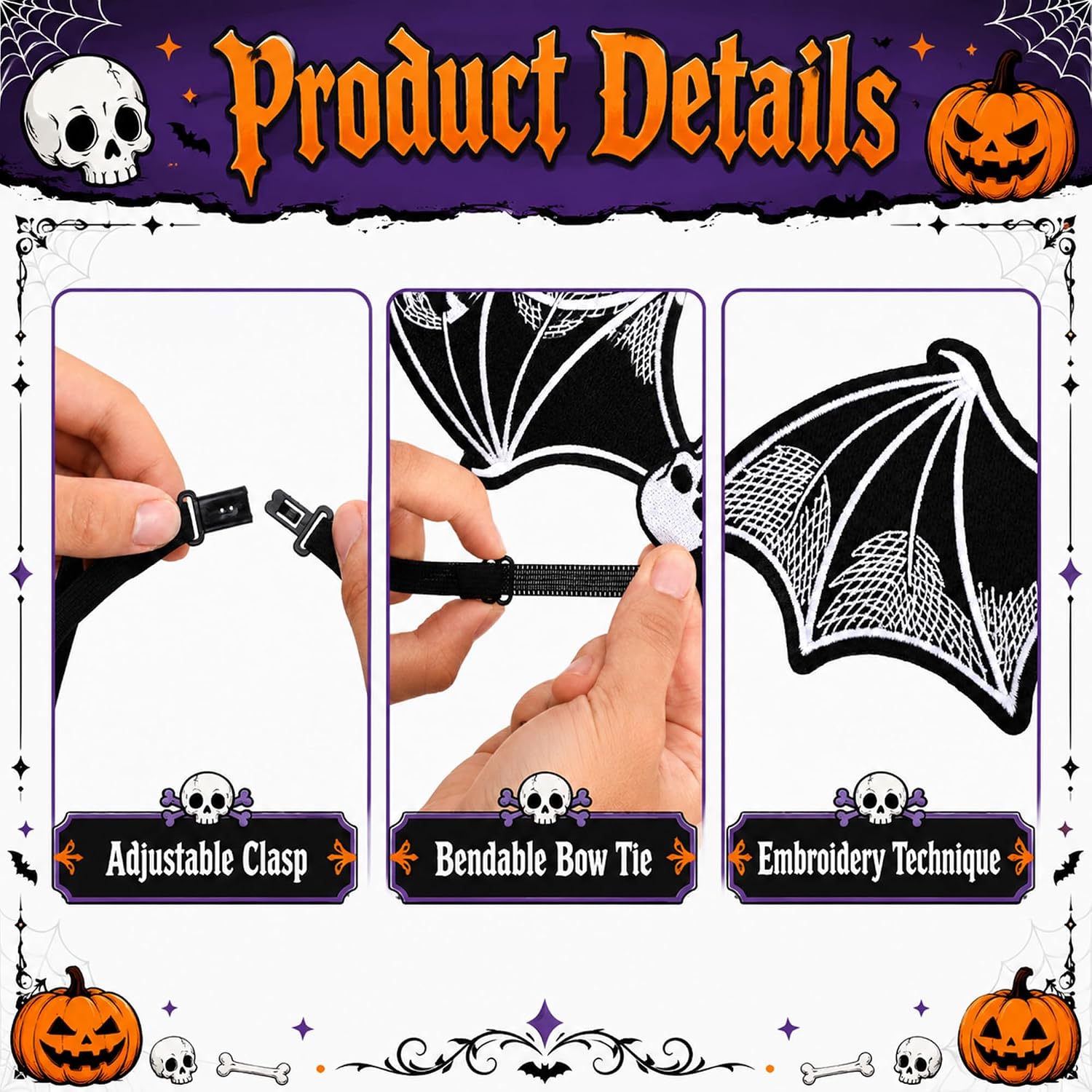 Deloky 11.6" Halloween Black Bat Bow Tie, Embroidery Gothic Bat Bowtie with Strip, Bow Necktie for Vampire Cosplay Accessory