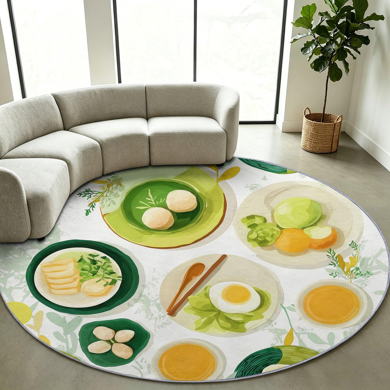 Teppich Rund Schlafzimmer Ø 200 cm, Weiß | Kurzflor Rutschfest Pflegeleicht Niedlich Essen Tee Gebäck Teppiche Waschbar Wohnzimmerteppiche Weich für Flur, Kinderzimmer, Leseecke, Spielzimmer