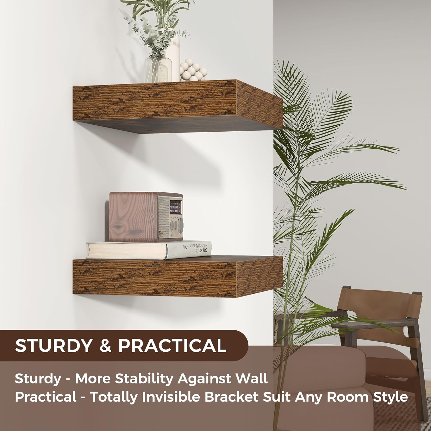 Venusmiles Square Floating Shelves for Wall, 12" W x 12" D x 2" H, 2 Pack of Small Wall Mounted Engineered Wood Shelves with Invisible Brackets for Living Room, Bedroom, Bathroom, Kitchen Decor, Brown