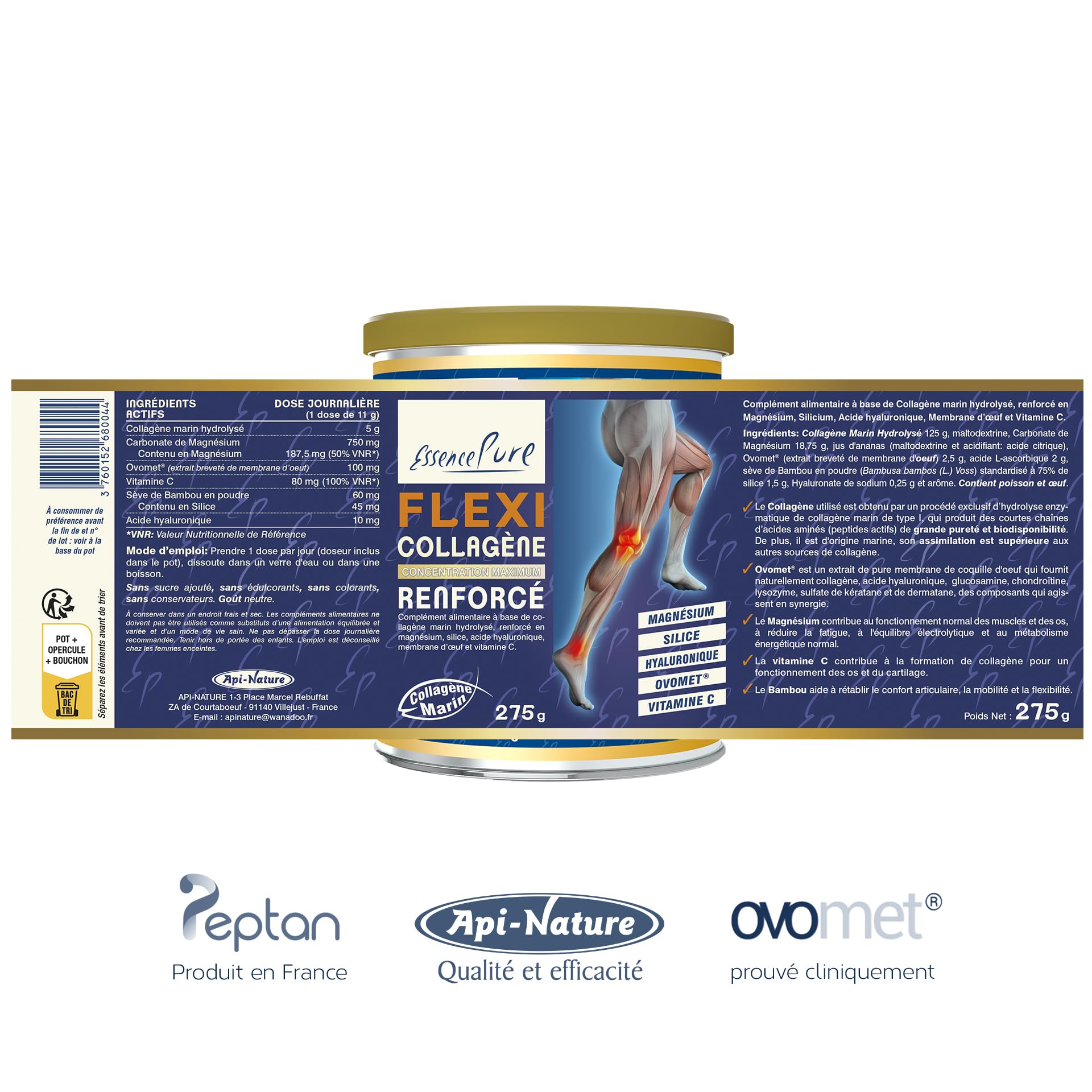Collagene Marin Poudre 275g | Peptan Collagen Peptides (5g) Collagene Magnesium, Ovomet et Silicium Organique | Complément Alimentaire Articulation Flexi Essence Pure| Api-Nature