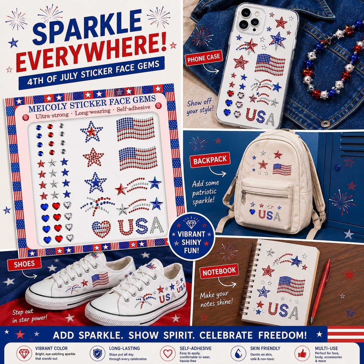 MEICOLY 4th of July Face Gem, Self Adhesive Hair Gems Jewels Rhinestone Stickers, Red White Blue Heart Star Glitter,Fourth of July 3D USA Flag Face Stars