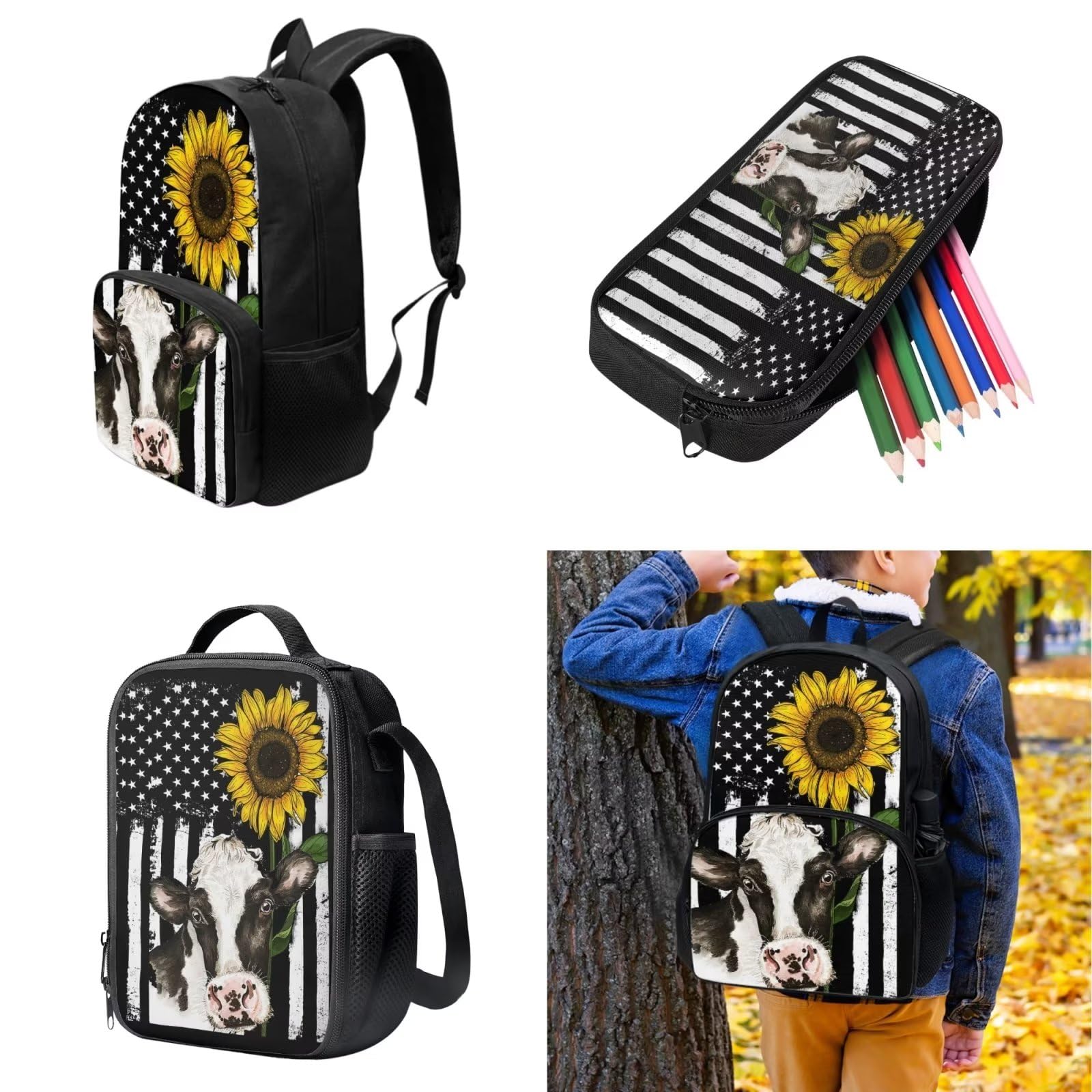 POLERO Juego de 3 bolsas escolares con impresión 3D para el almuerzo, estuche para lápices, Bandera de Estados Unidos girasol vaca, Talla única, Mochila infantil