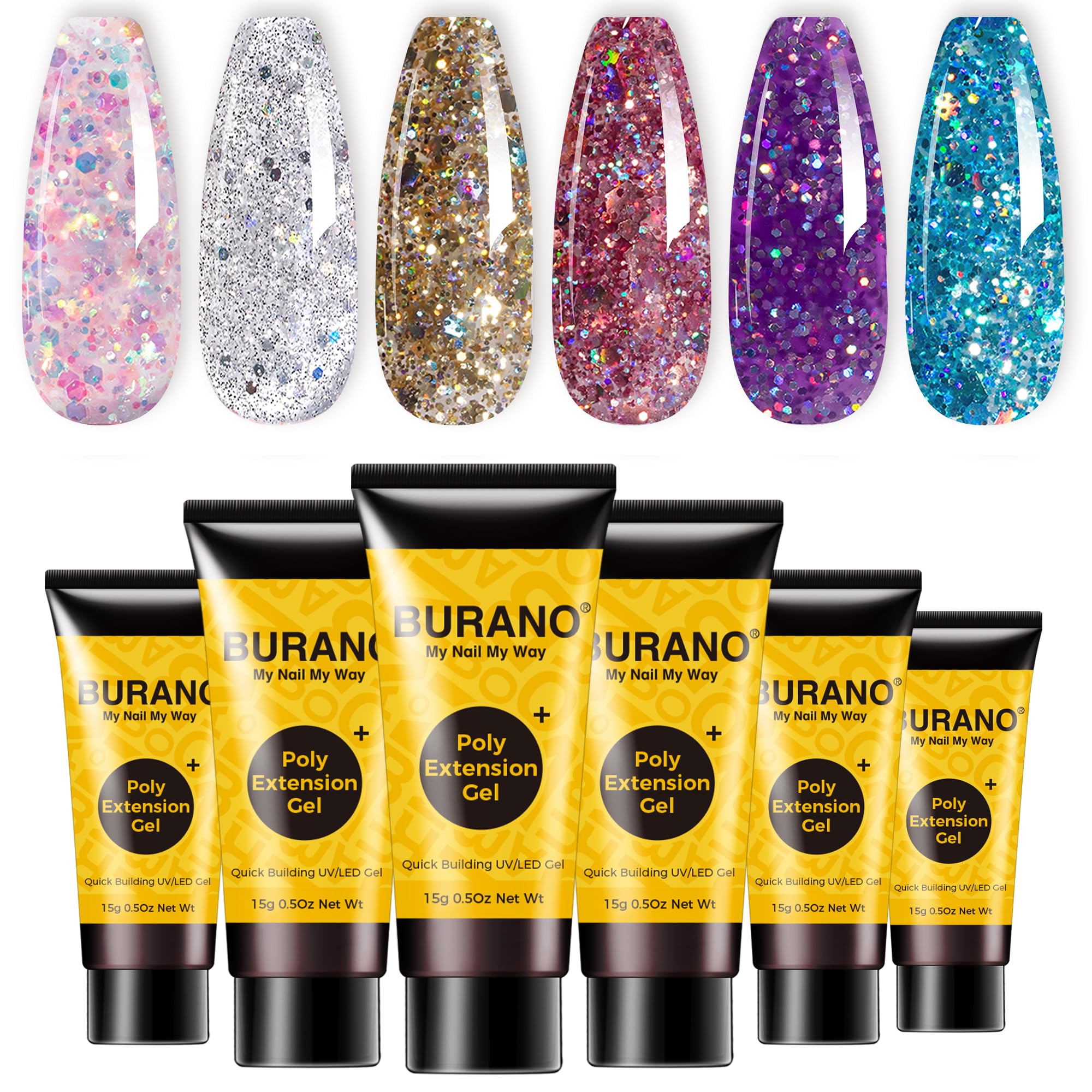 BURANO Poly Extension Gel Nail Kit, 6 Colors Nail Poly Nails Builder Gel Set for Beginner & Professional Using