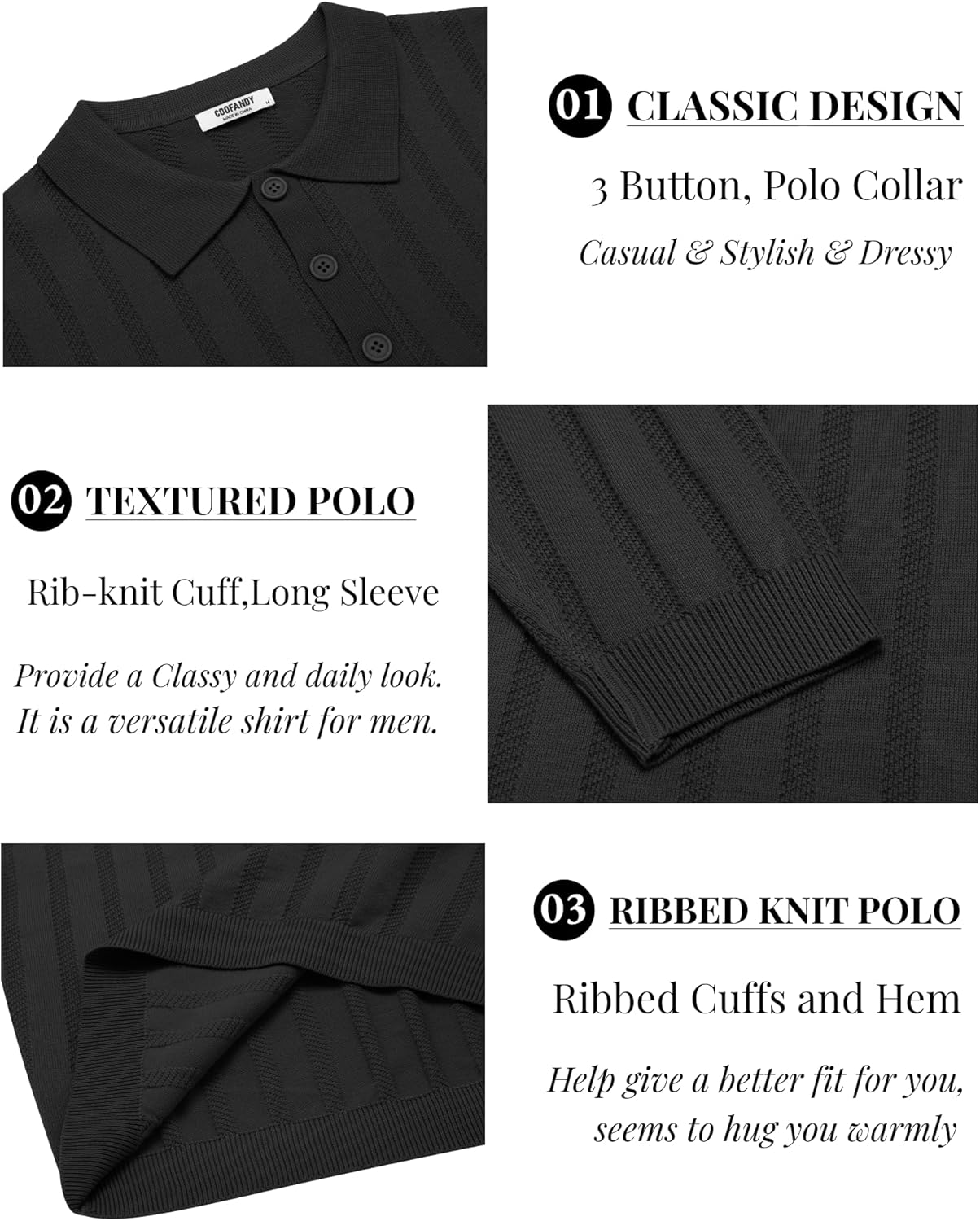 COOFANDY Men Knit Long Sleeve Polo Shirts Casual Dress Collared Sweater Pullover Button Down Golf Polo Shirts - Image 5