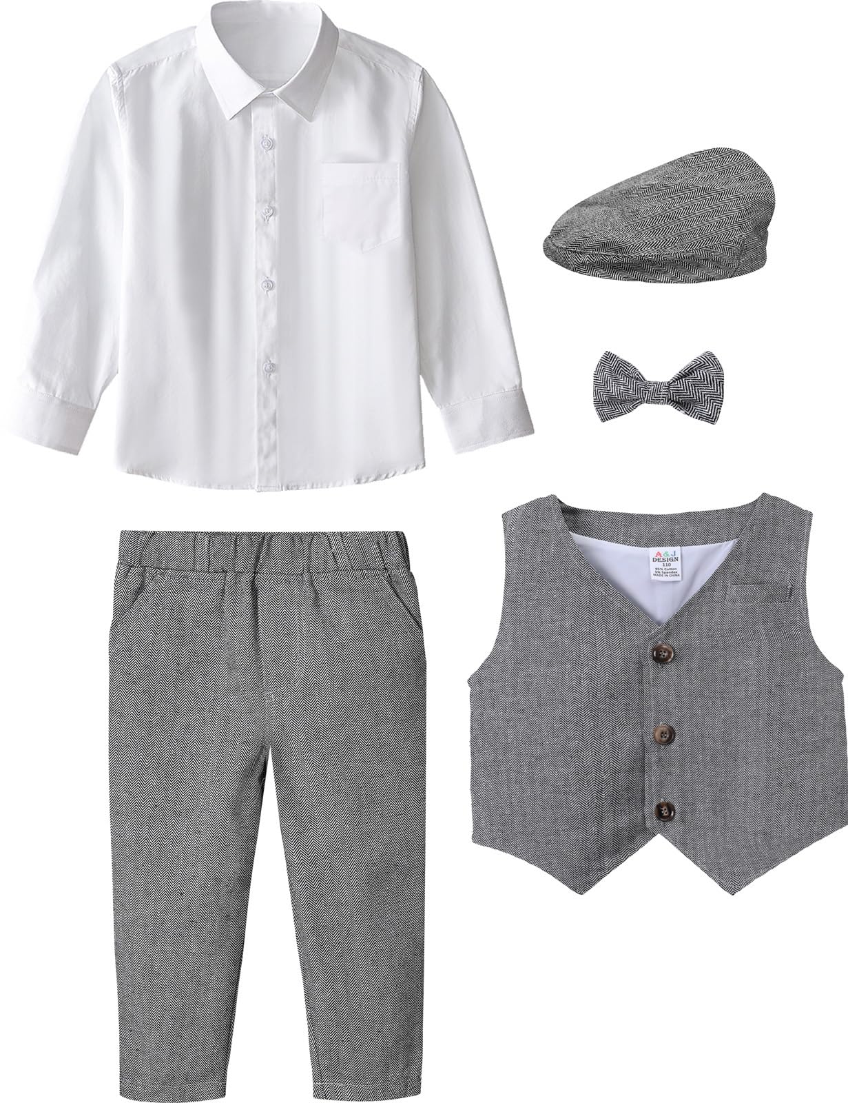 A&J Design - Juego de traje de caballero para bebés, 4 piezas, camisas, chaleco y pantalones y boinas - gris - 3-4 años