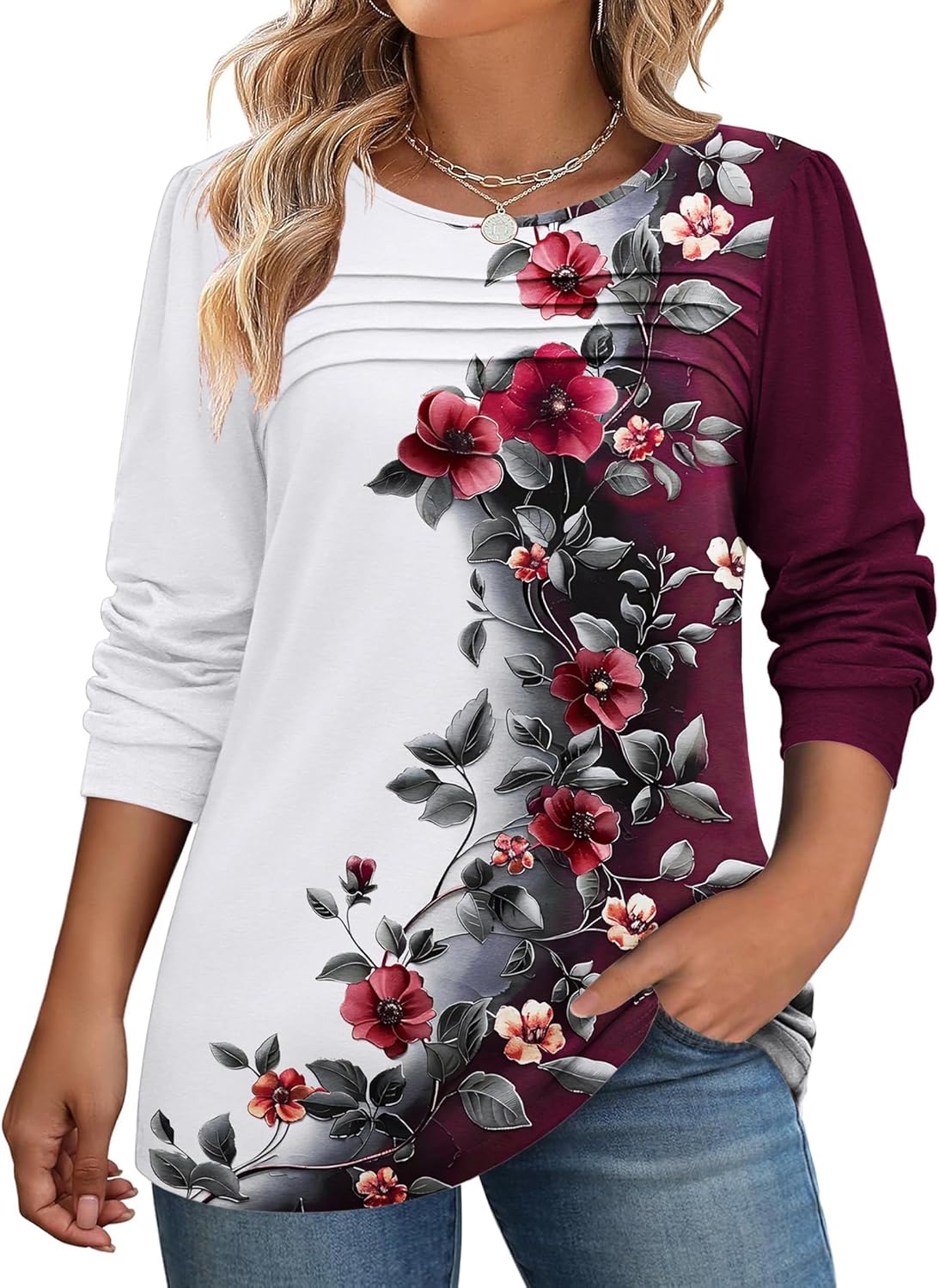 IN’VOLAND Plus Size Long Sleeve Tops for Women Fall Crewneck Shirts Pleated Casual Dressy Blouses 2025