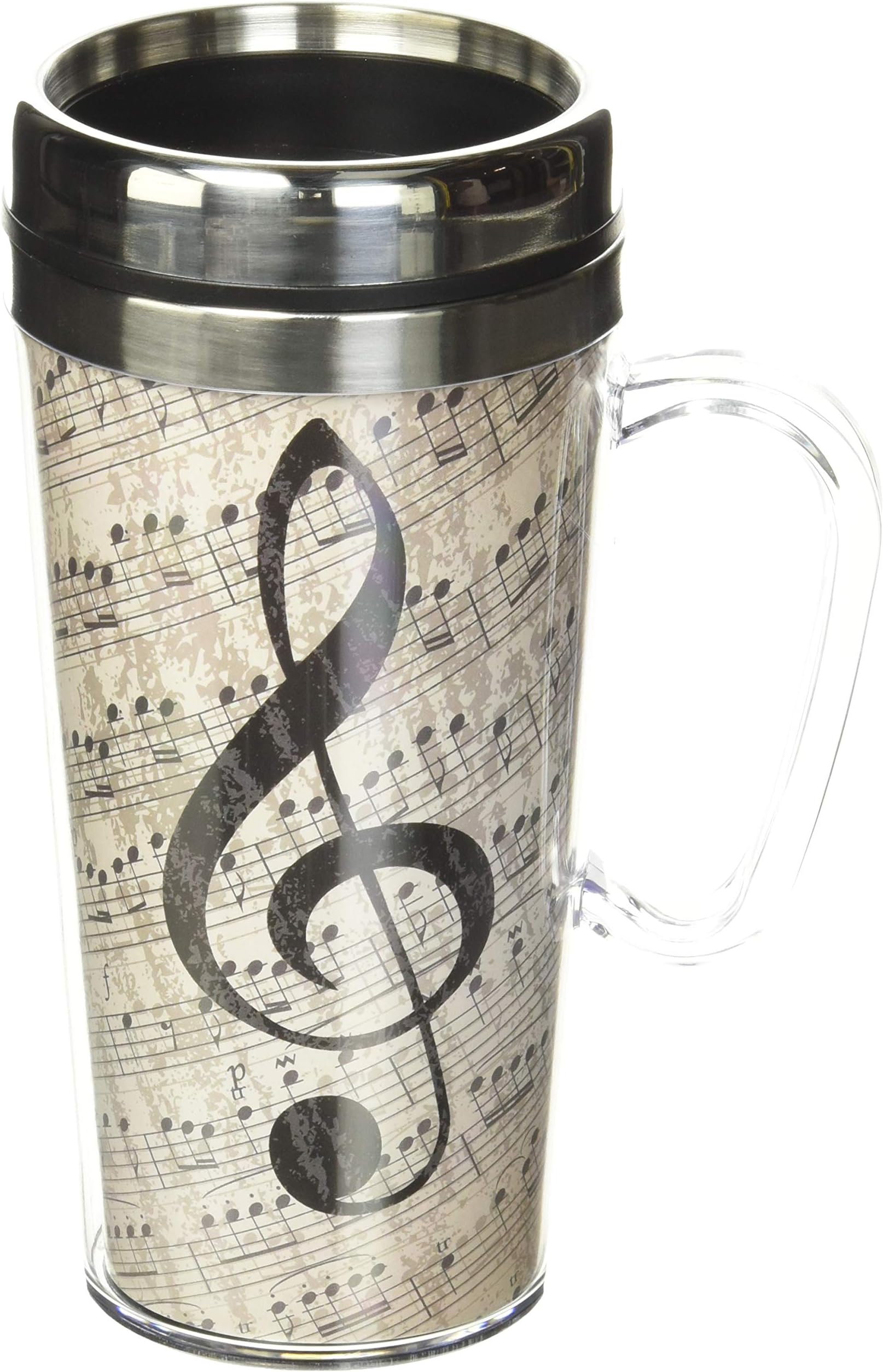 Insulated Travel Mug, 14oz - Double Wall Stainless & Acrylic Drink Cup with Twist Top Lid & Handle - Music