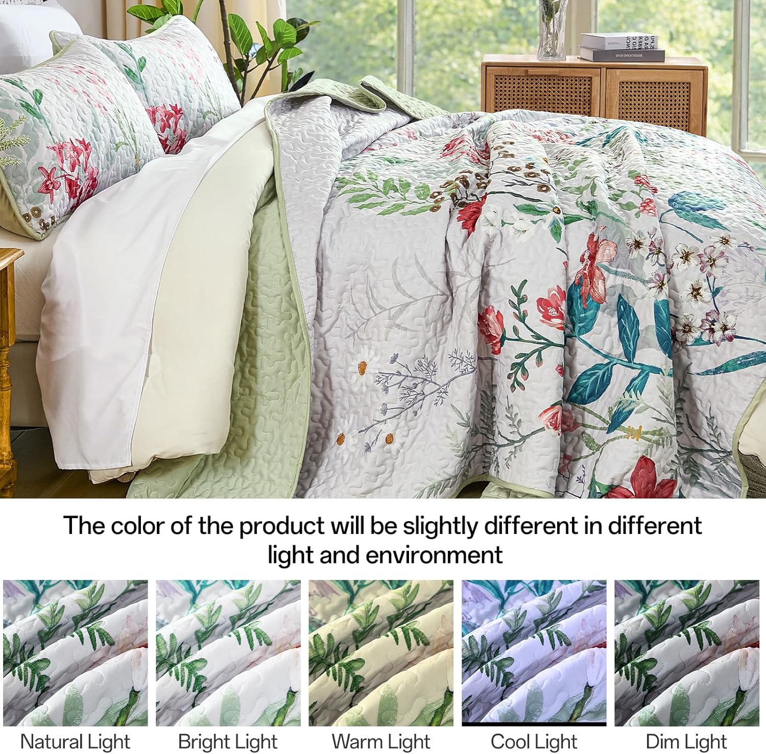 Yiran Floral Quilt Set Queen Size, Sage Green Botanical Bedspreads Bedding Set, 3 Pieces Summer Soft Lightweight Microfiber Coverlet with 2 Pillow Shams for All Season 96x90 Inch - Image 8