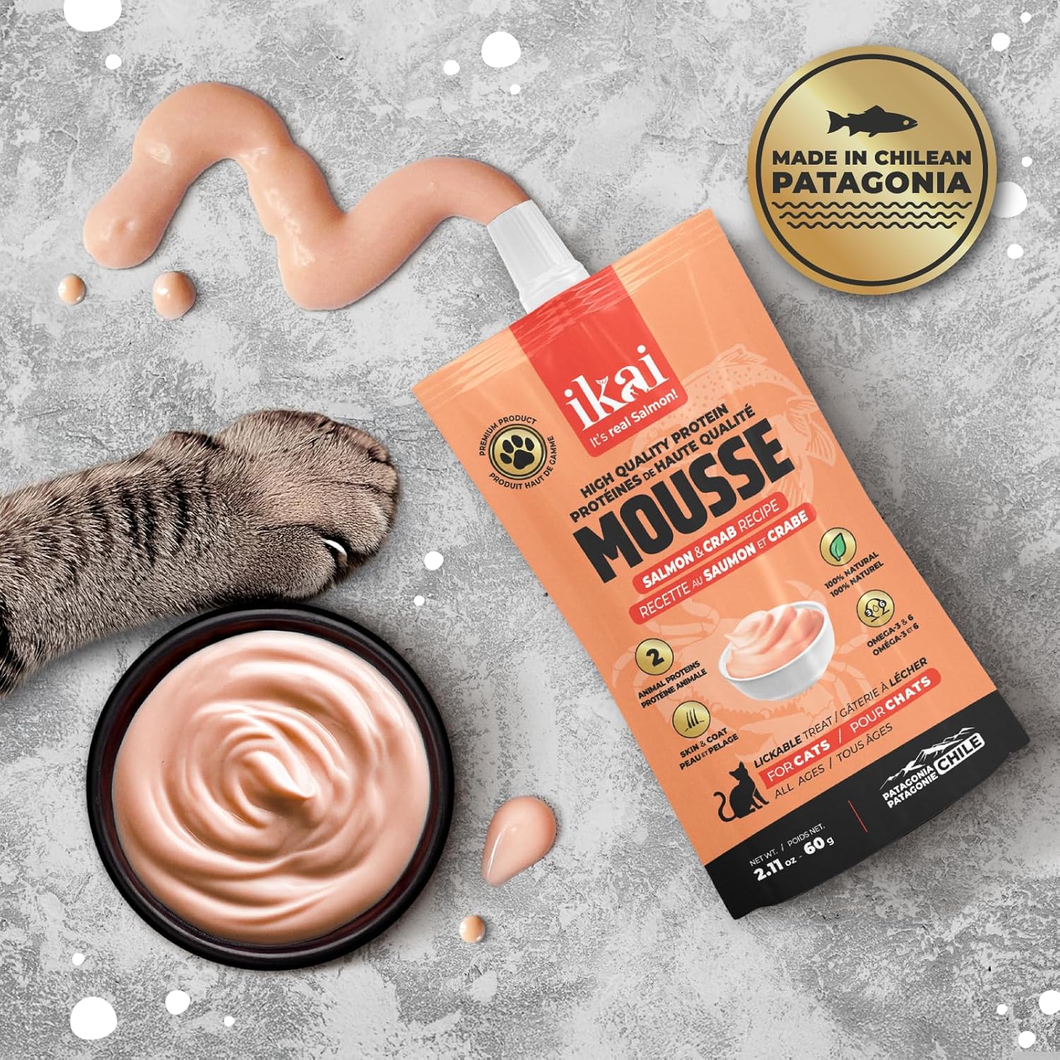 IKAI - Lickable Wet Cat Treats - Patagonian Salmon from Chile, No By-Products, Highly Digestible Protein, with Omega 3 & 6 for Healthy Skin & Glossy Coat - 2.11 oz (16 Pack, Salmon & Crab)