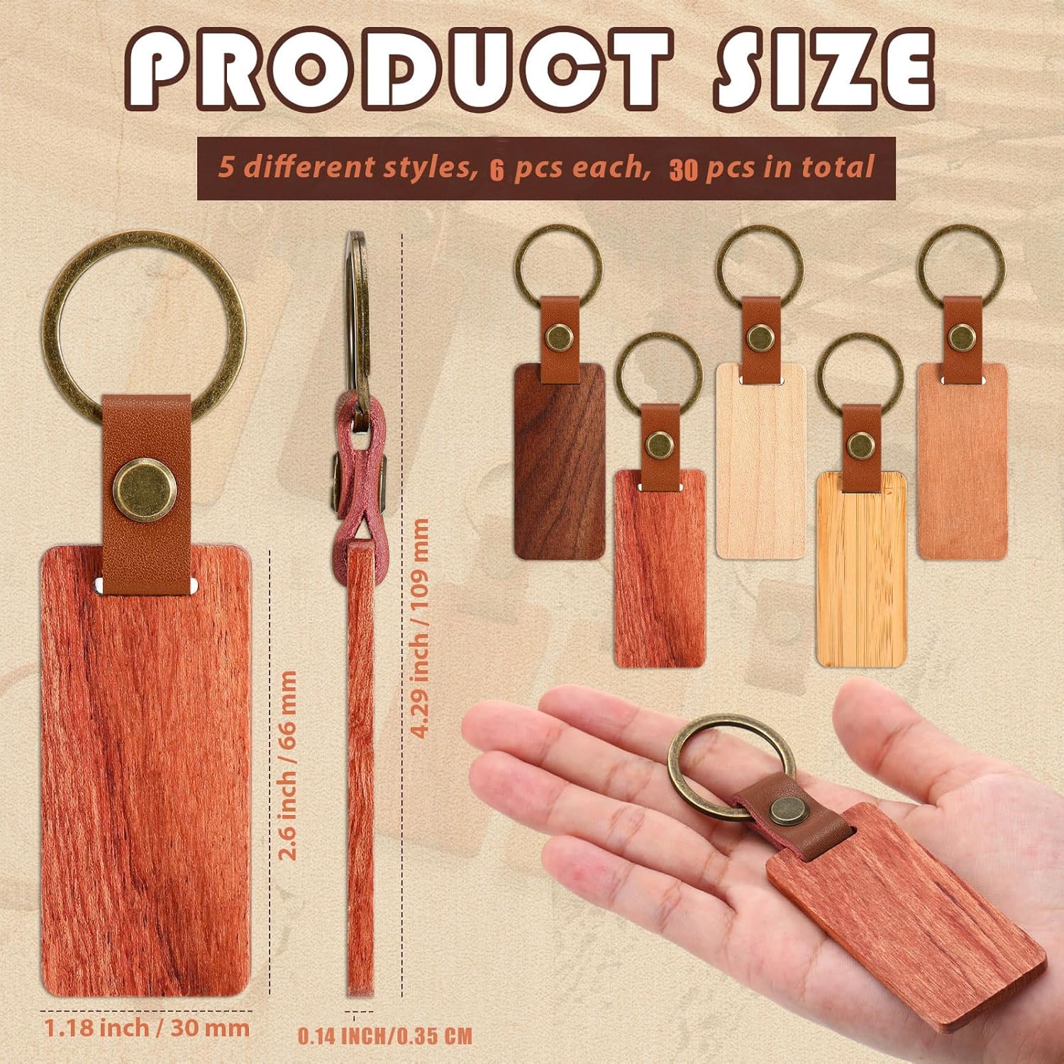 Batiyeer 30 Pcs Wooden Keychain Blanks 5 Colors Rectangle Wood Key Chain with Leather Strap Unfinished Keyrings Gifts for Dad - Image 2
