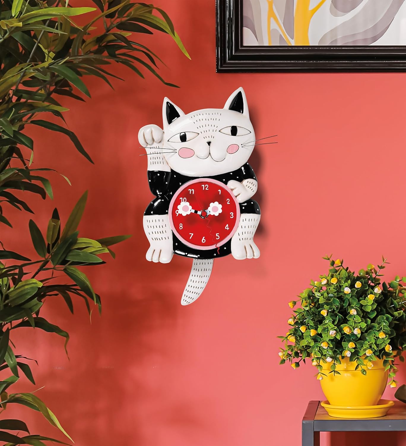 Enesco Allen Designs Lucky Cat Waving Battery-Operated Sculpted Pendulum Wall Clock, 7.87 Inch, Multicolor