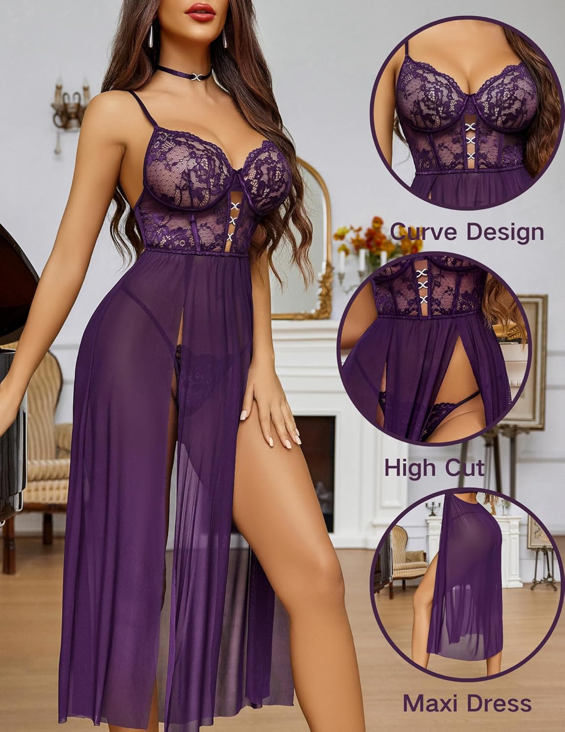 Avidlove Sexy Lingerie for Women Lace Mesh Babydoll Sleepwear Side Split V Neck Nightgown for Honeymoon Anniversaries - Image 7