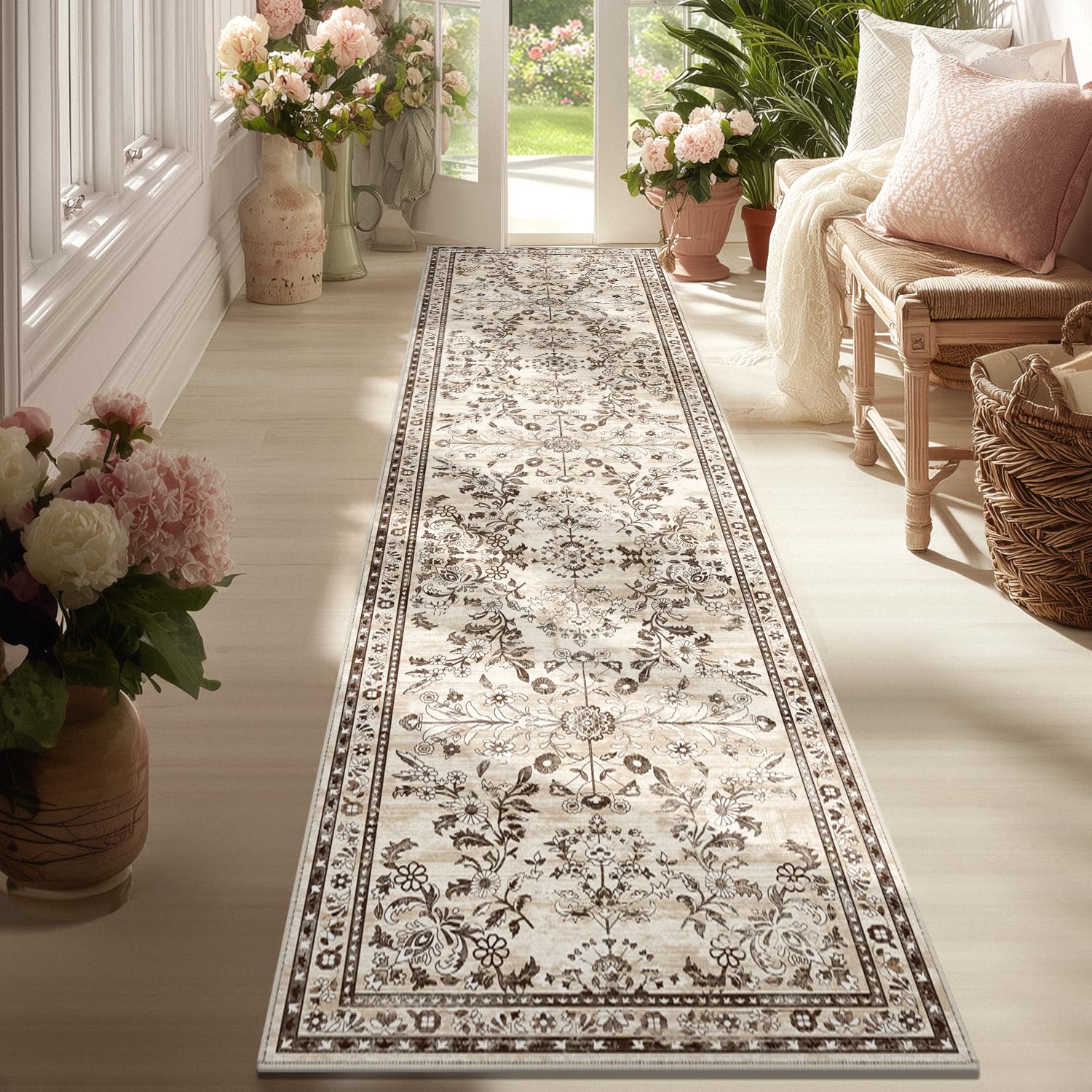 Yamaziot Washable Runner Rug 2x8 – Non Slip Boho Floral Hallway Runner Rug with Rubber Backing, Low Pile Faux Wool Distressed Carpet for Kitchen,