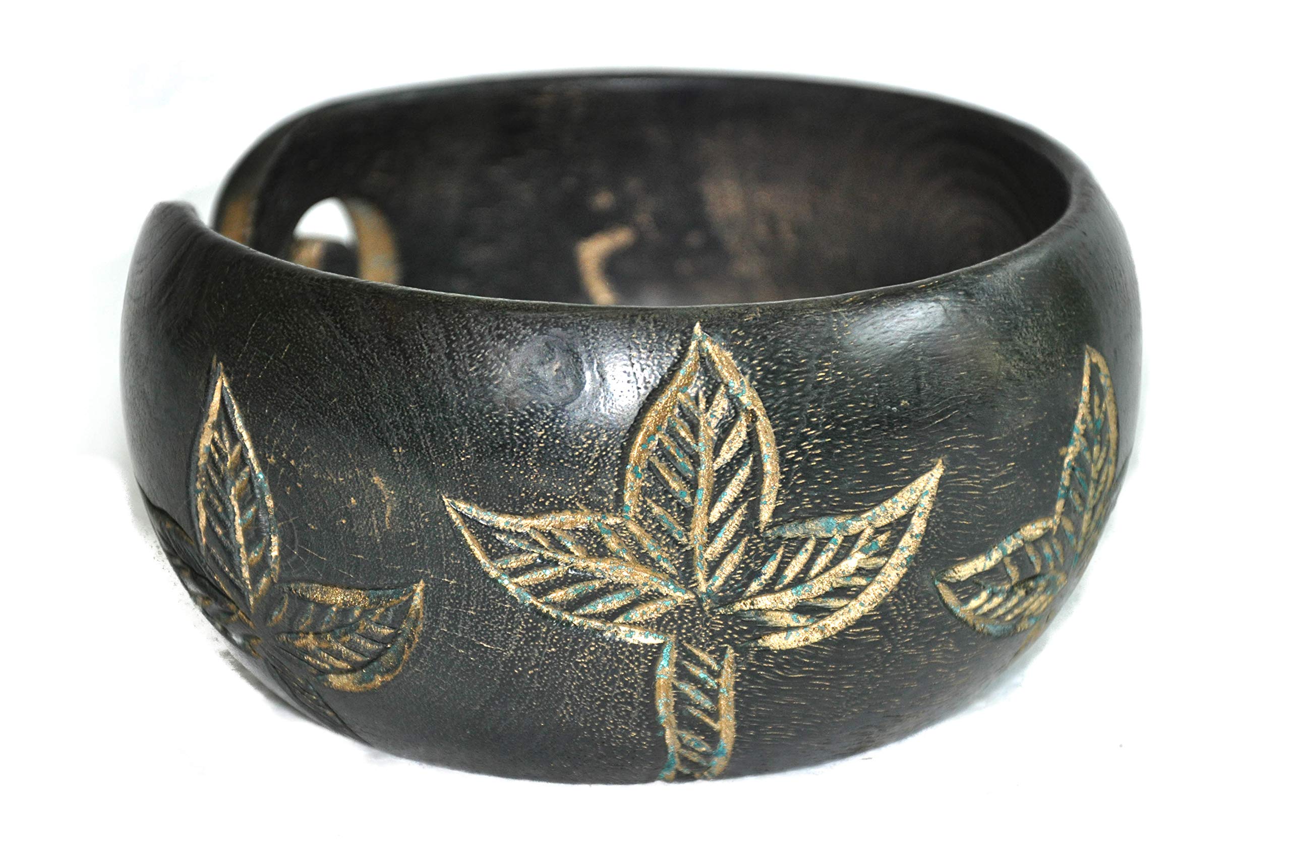 Premium Solid Dark Hard Wood Flowers Crafted Wooden Portable Antique Brass Green Yarn Bowl | Knitting | Crochet Holder | Hind Handicrafts (6 x 6 x 3 inch) - Image 2