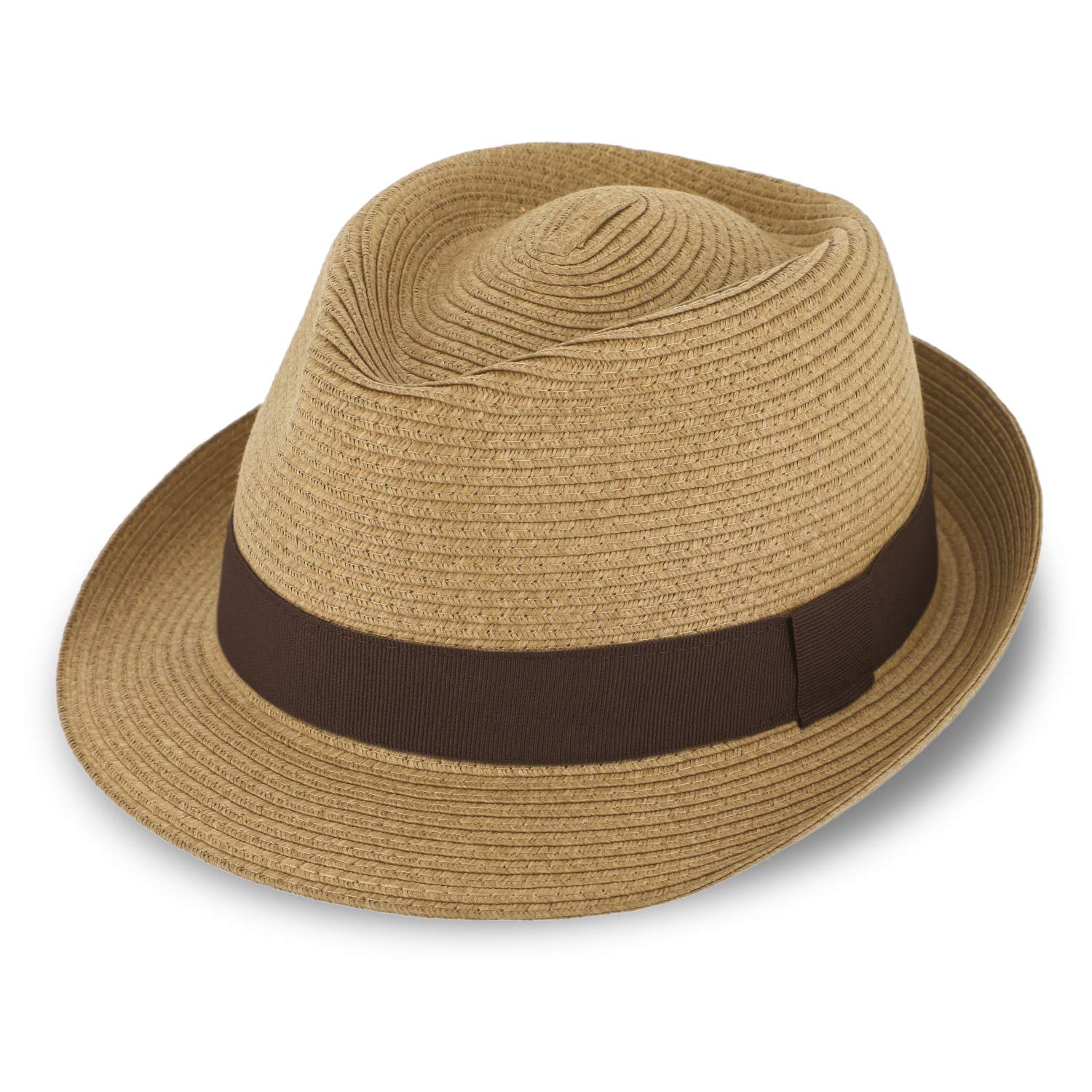 Fiebig Men's Beige Jackson Trilby Paper Hat With Coloured Grosgrain Ribbon, Sun Hat Made Of 100% Paper, Natural Summer Hat In Many Sizes And Colours, Camel, 7 1/4