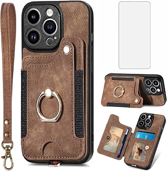 Phone Case for iPhone 14 Pro 6.1 inch Wallet Cover with Screen Protector and Wrist Strap RFID Credit Card Holder Ring Stand Cell Accessories iPhone14Pro 5G i i-Phone i14 iPhone14 14Pro Women Men Brown