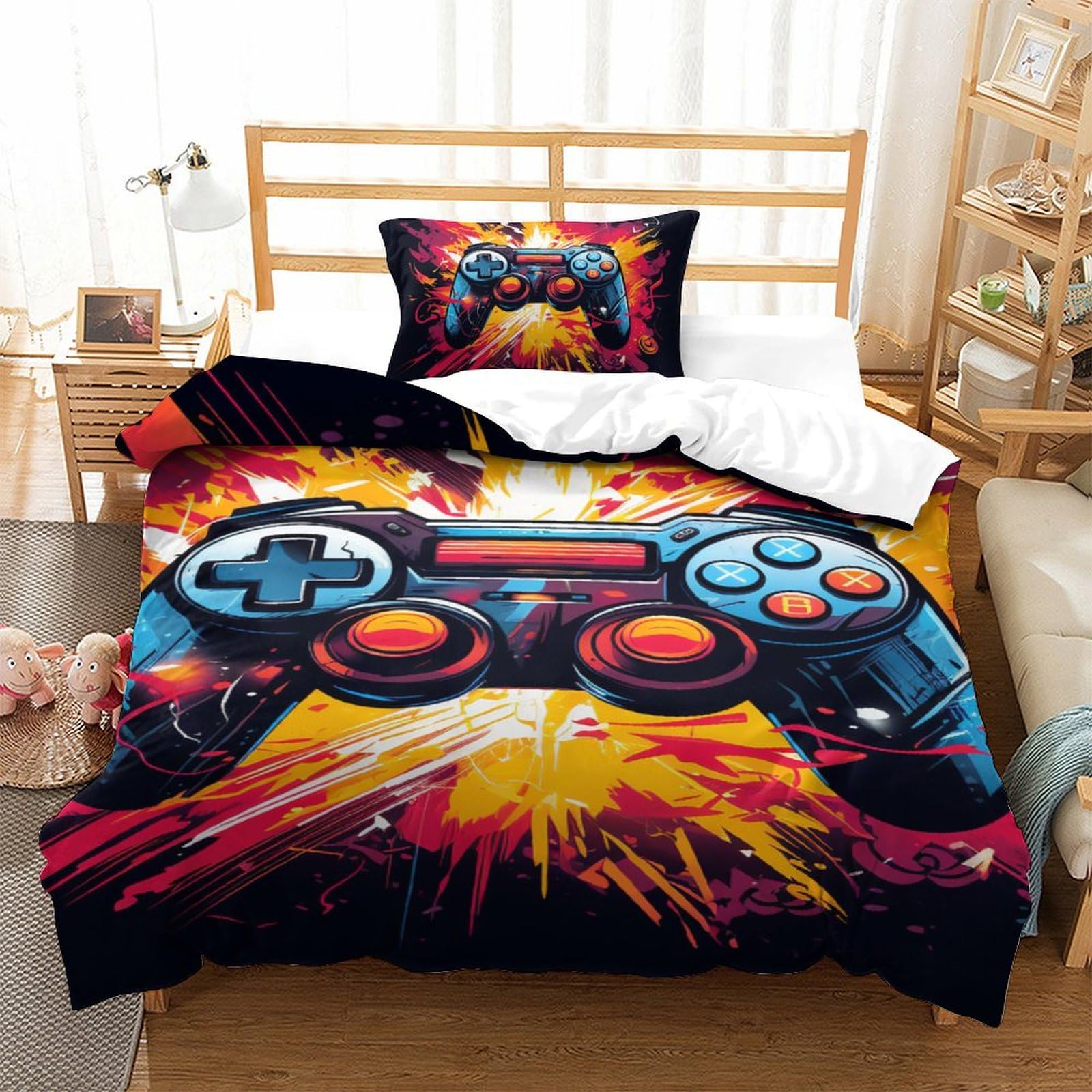 Parure de lit gamer en microfibre avec housse 135x200 et taie d'oreiller pour lit simple